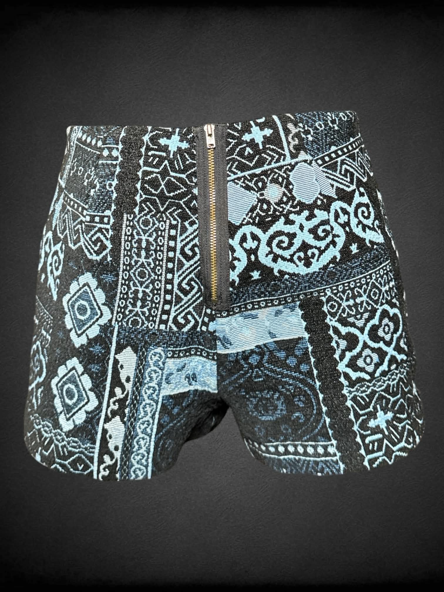 M Ecote blue & black shorts with tapestry pattern, and zipper on back