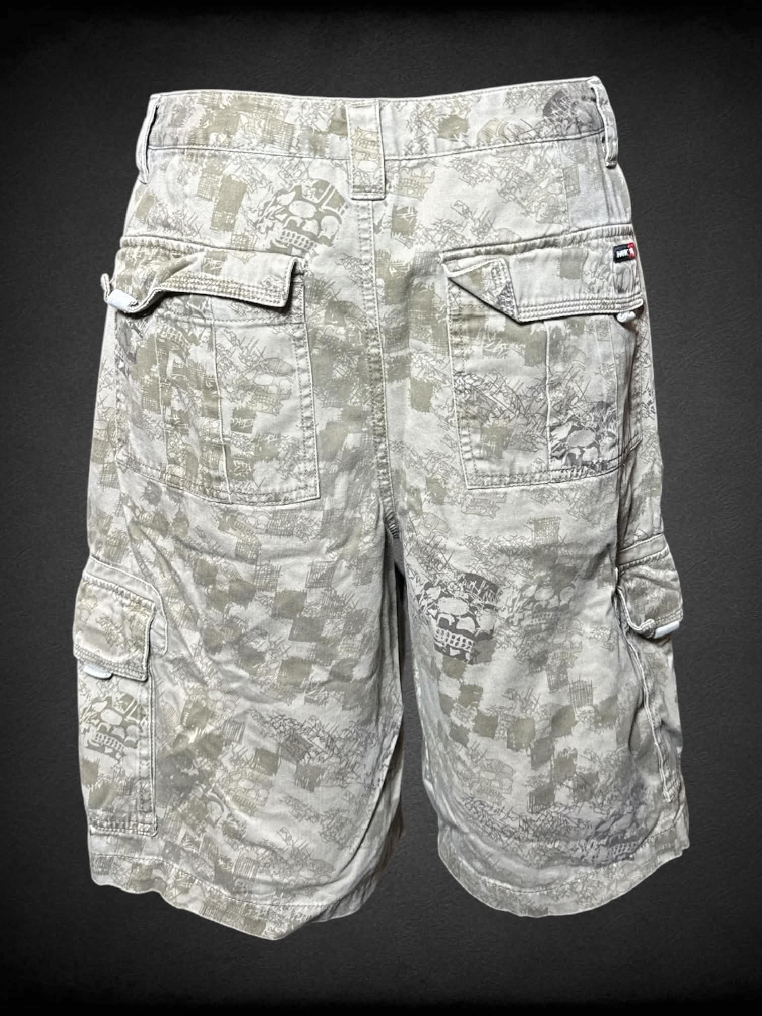 M Tony Hawk brown cargo shorts with skull and checkerboard pattern