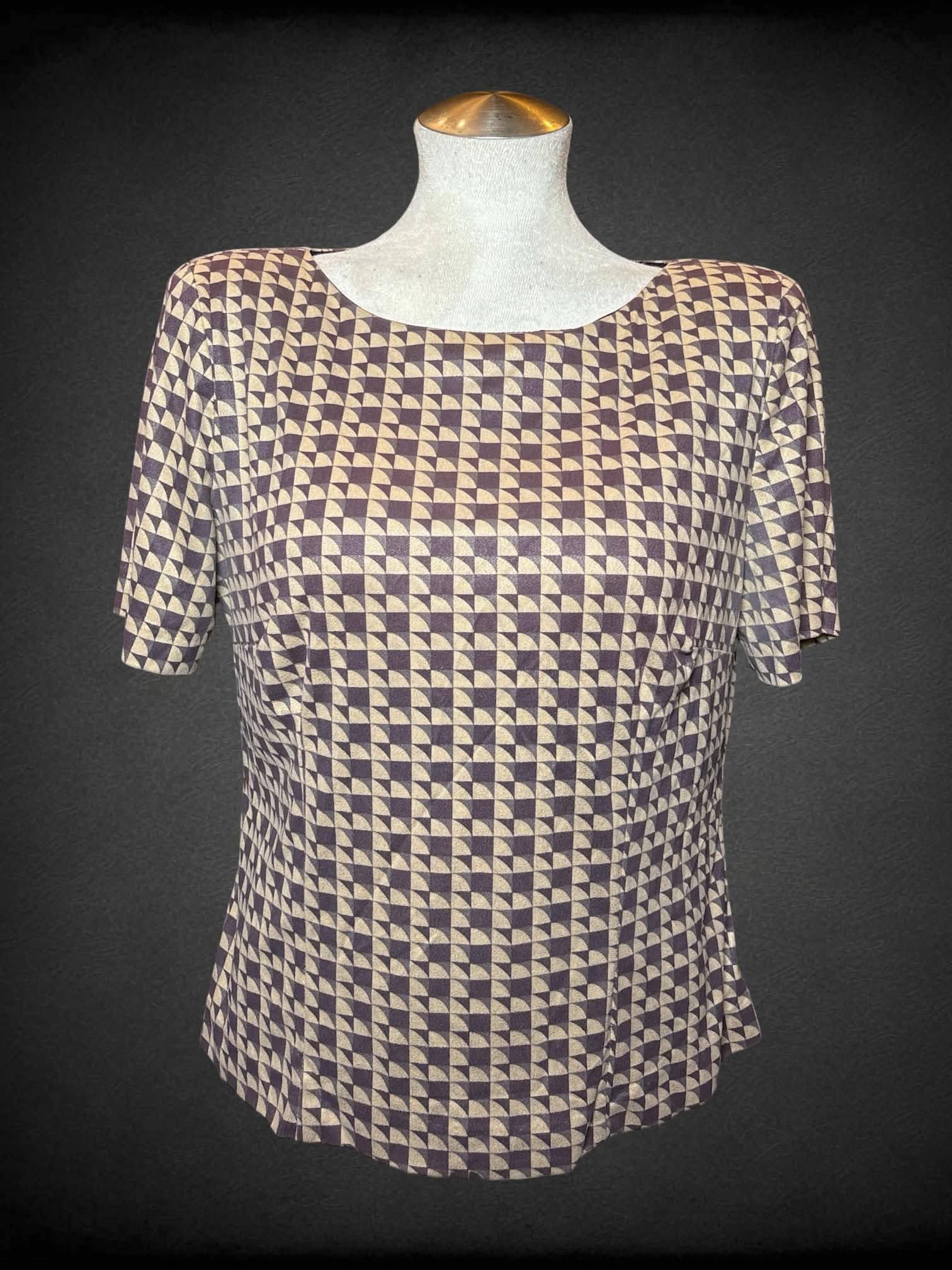 L Positive Attitude vintage soft brown shirt with tile pattern, padded shoulders, and buttons on back