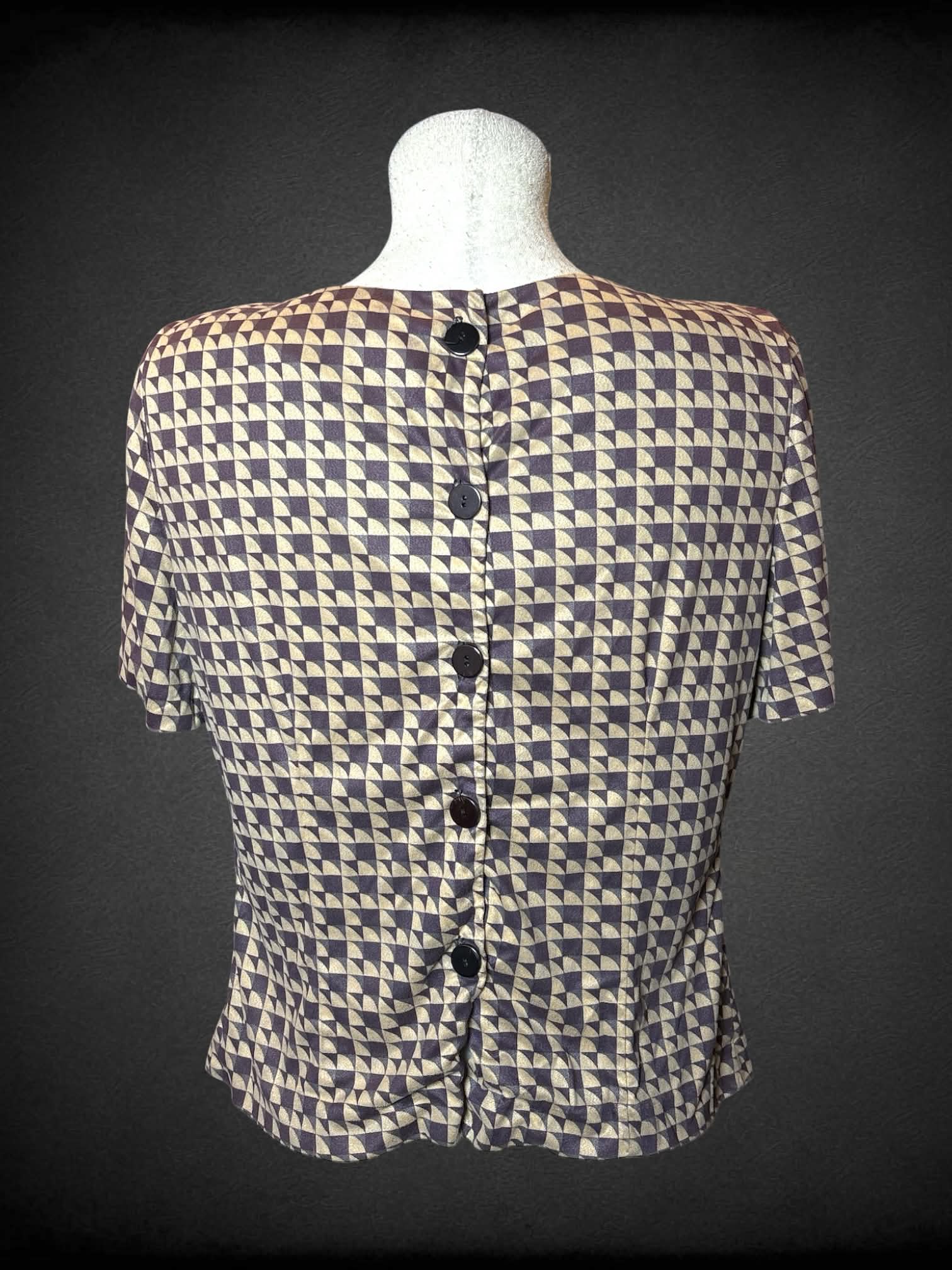 L Positive Attitude vintage soft brown shirt with tile pattern, padded shoulders, and buttons on back