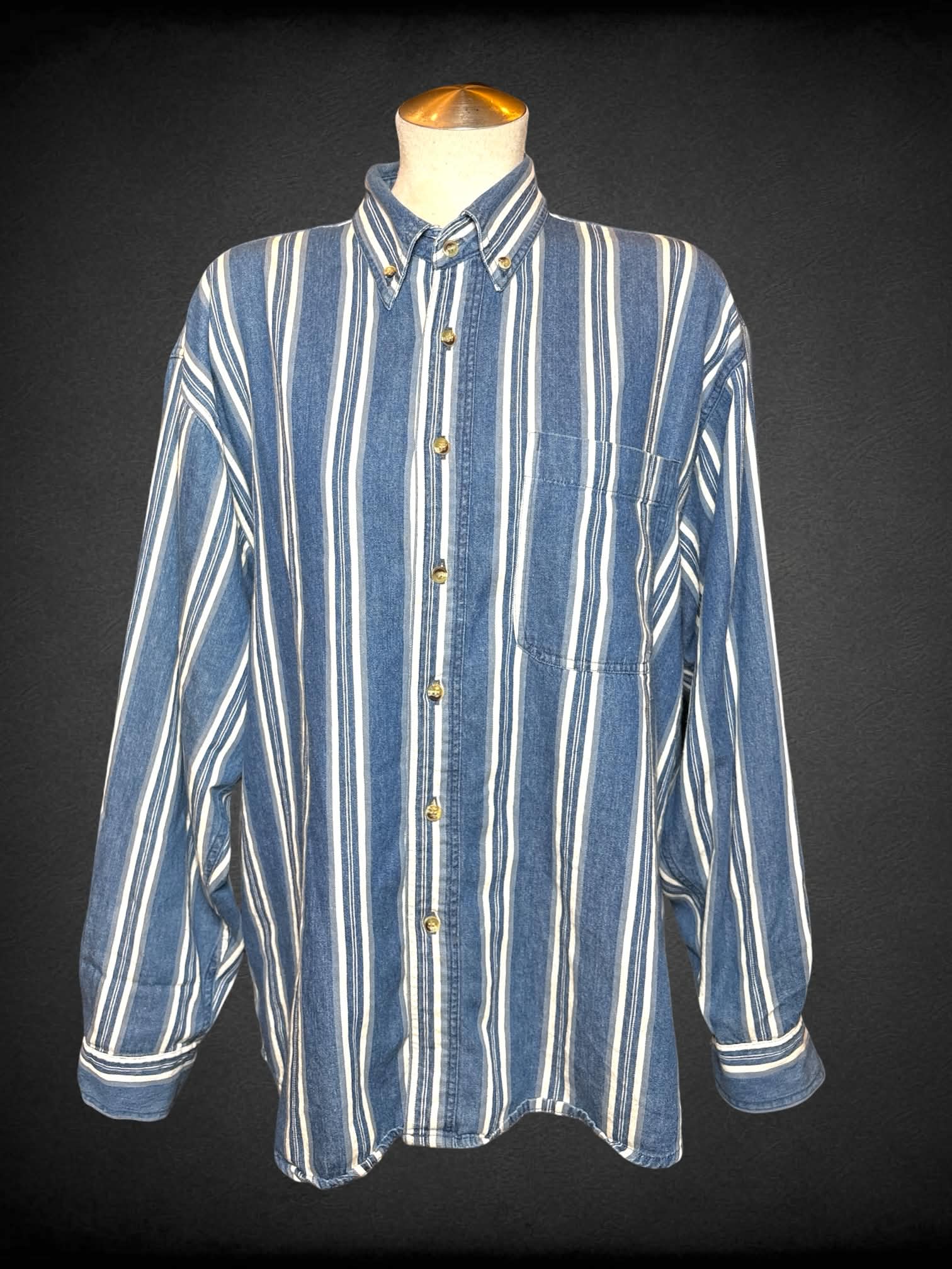 L Cool Blues vintage blue & white striped button-down shirt with pocket on front
