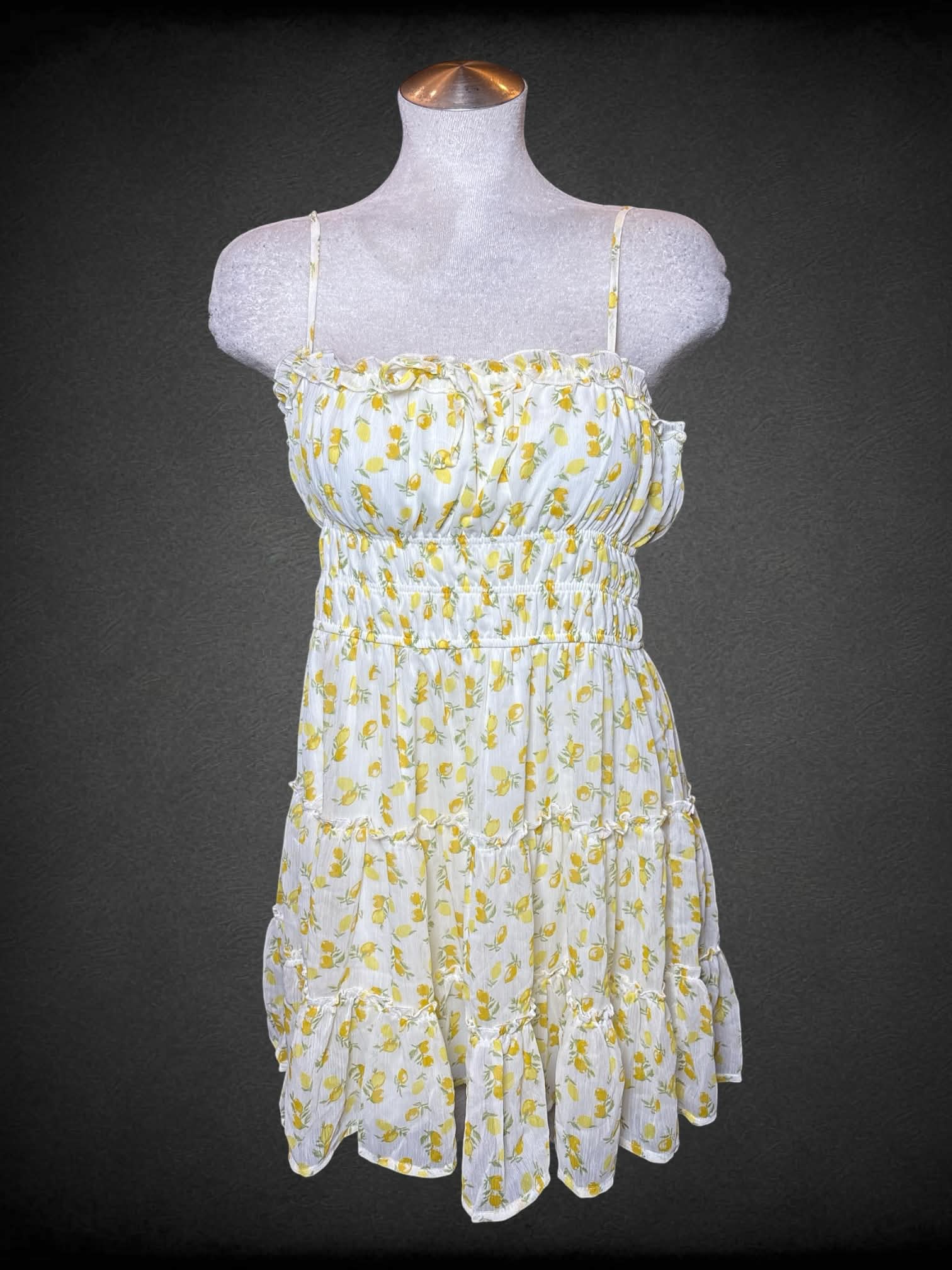 L Francesca’s NWT white dress with lemon pattern, layered skirt and adjustable straps