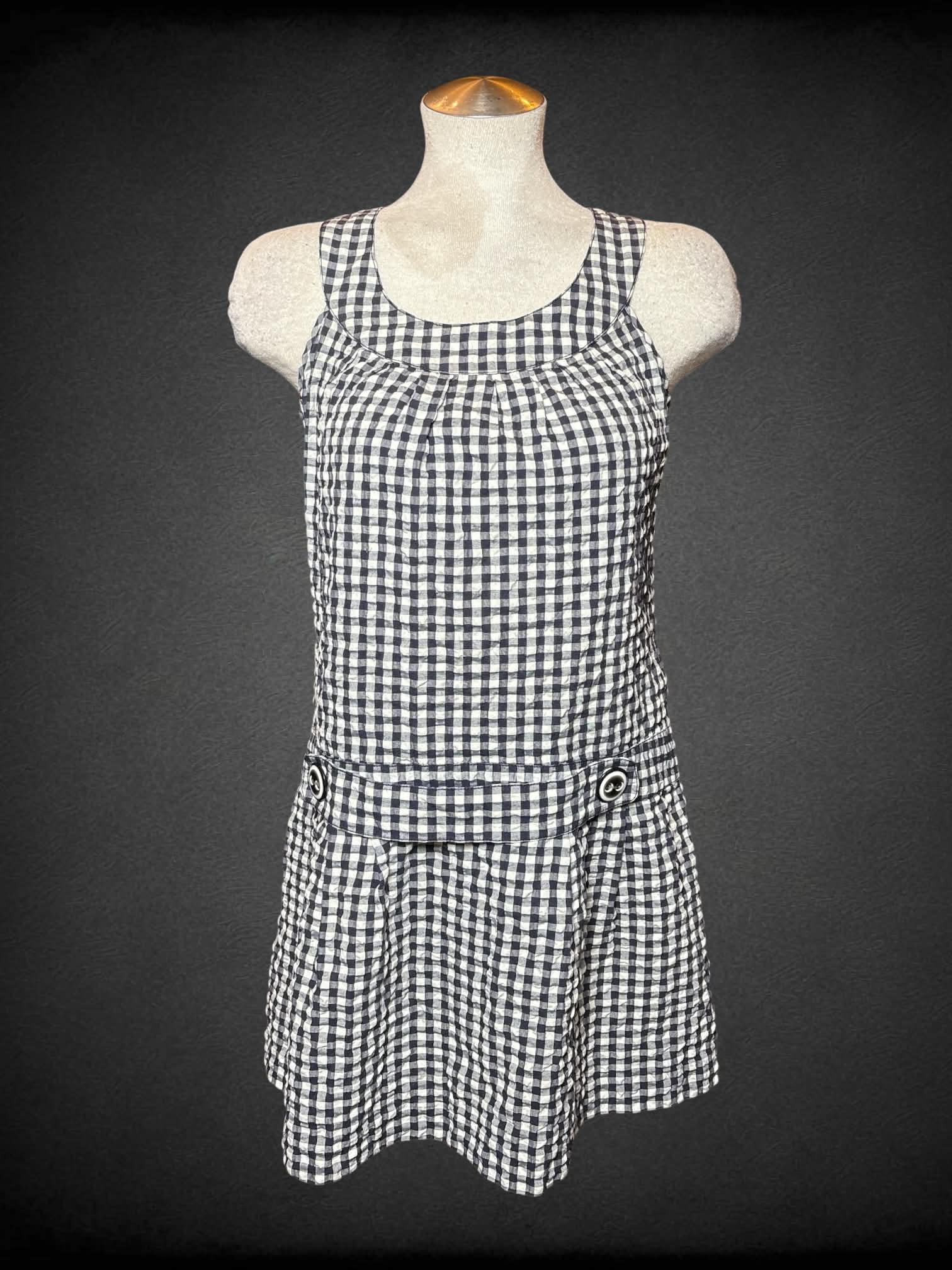 M Parameter white & navy gingham short dress with decorative buttons on front, and cutout on back