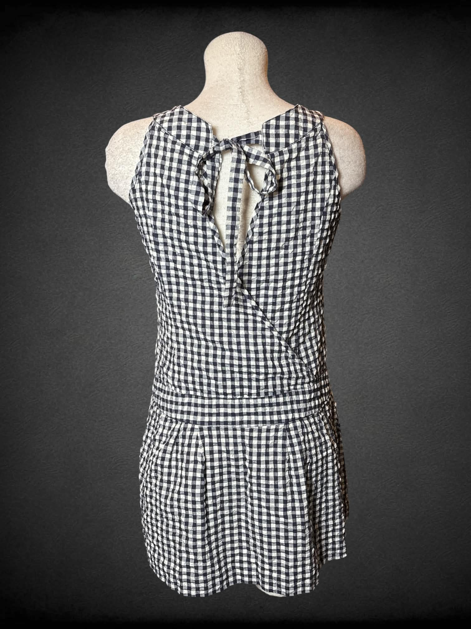 M Parameter white & navy gingham short dress with decorative buttons on front, and cutout on back