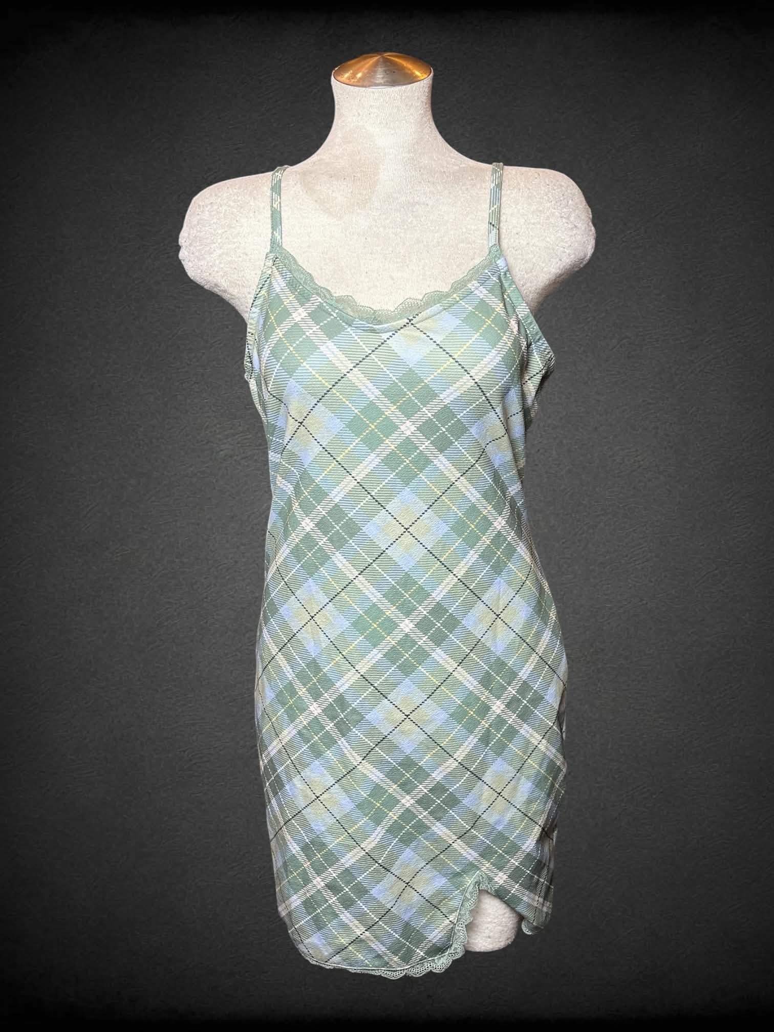 L Sweet Society green plaid dress with lace trimming, and adjustable straps