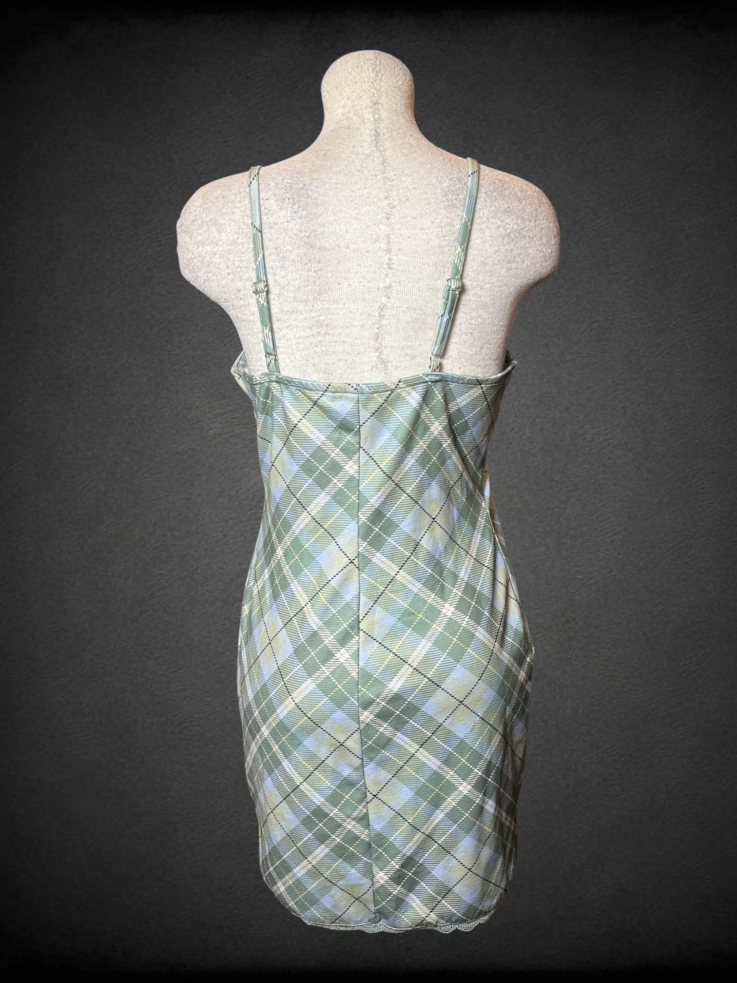 L Sweet Society green plaid dress with lace trimming, and adjustable straps
