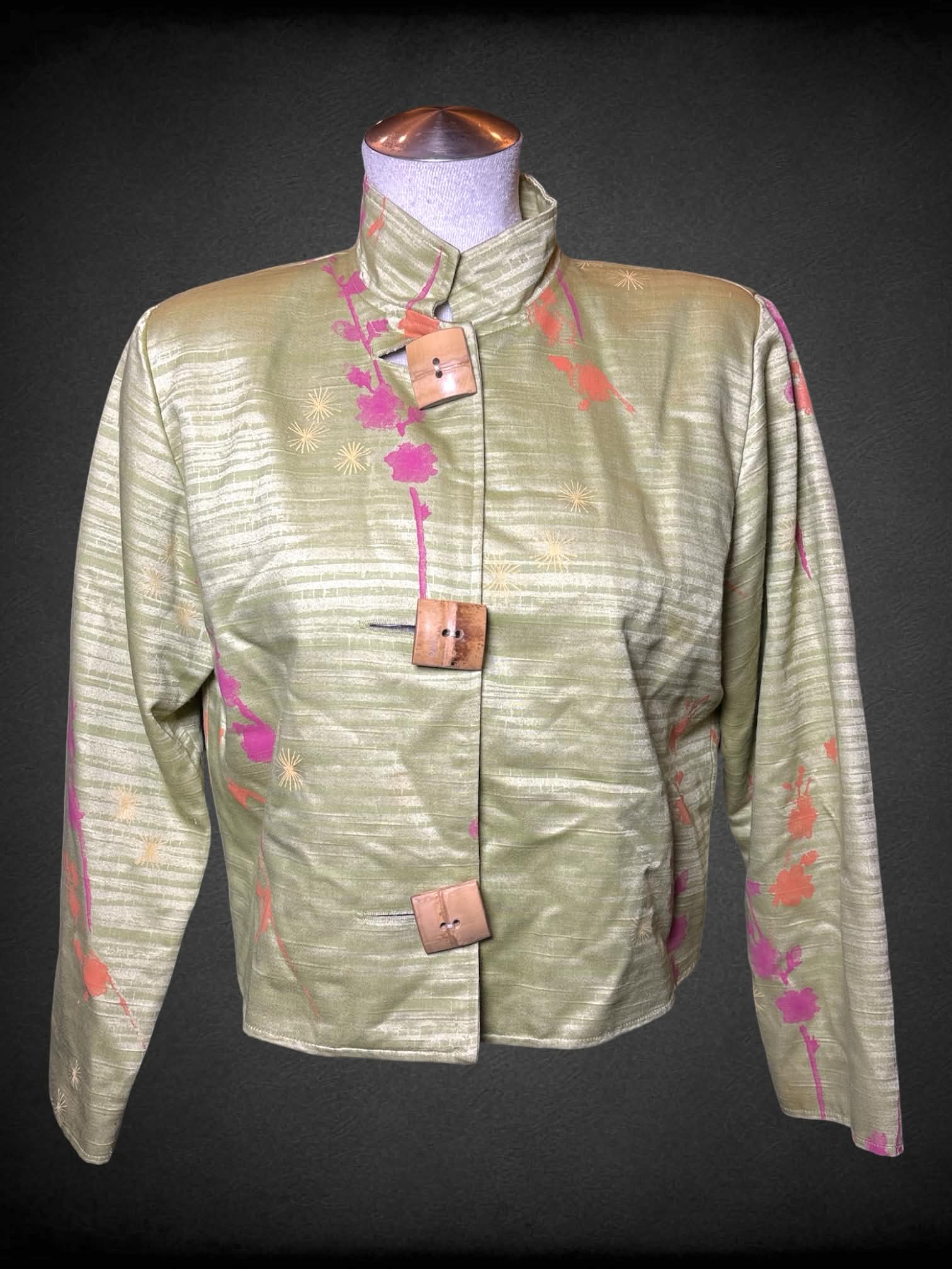 L Painted Pony green button-up jacket with padded shoulders, bamboo buttons, and floral pattern