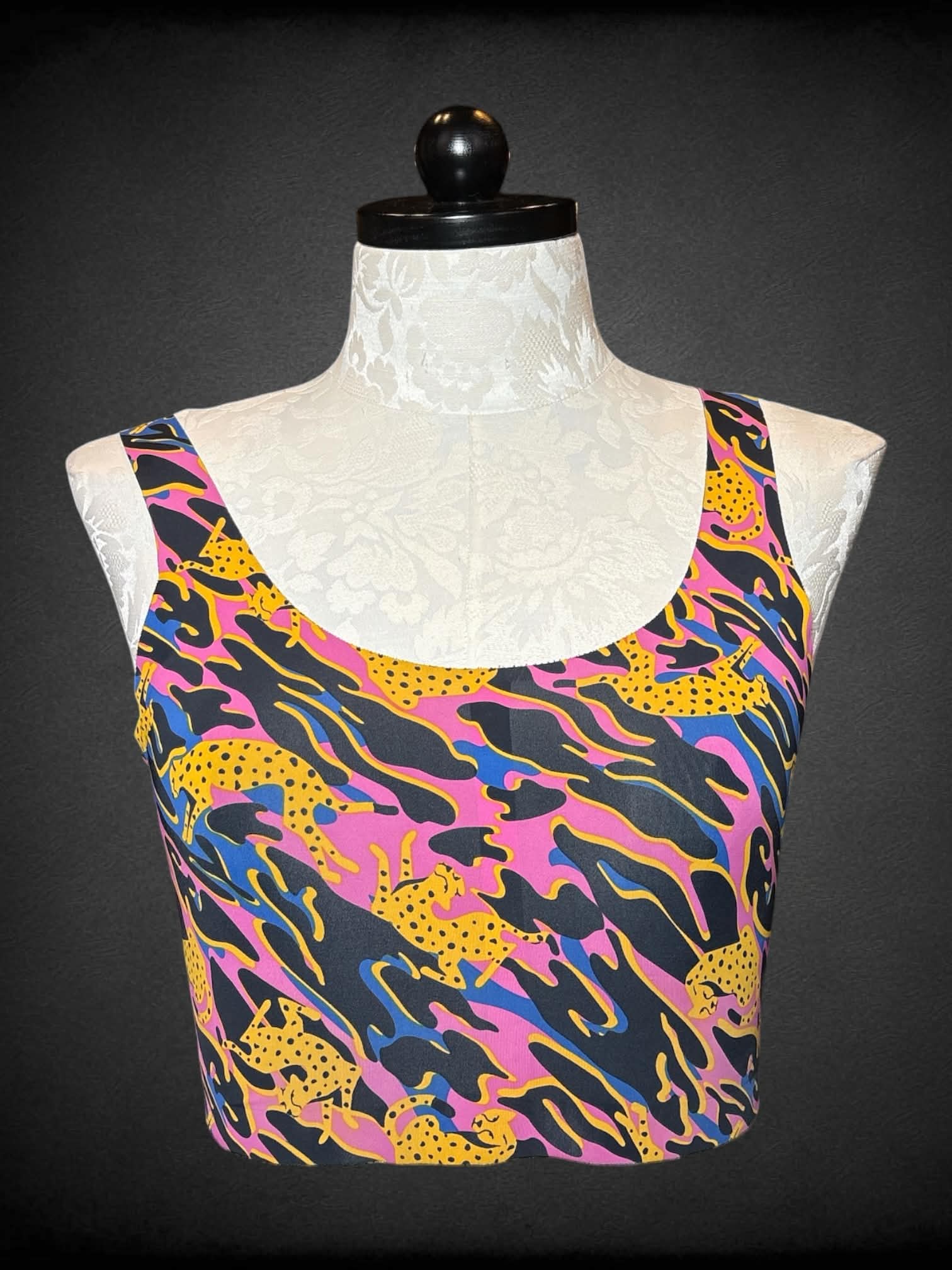 XL Cheek Boss pink & black swim top with cheetah pattern