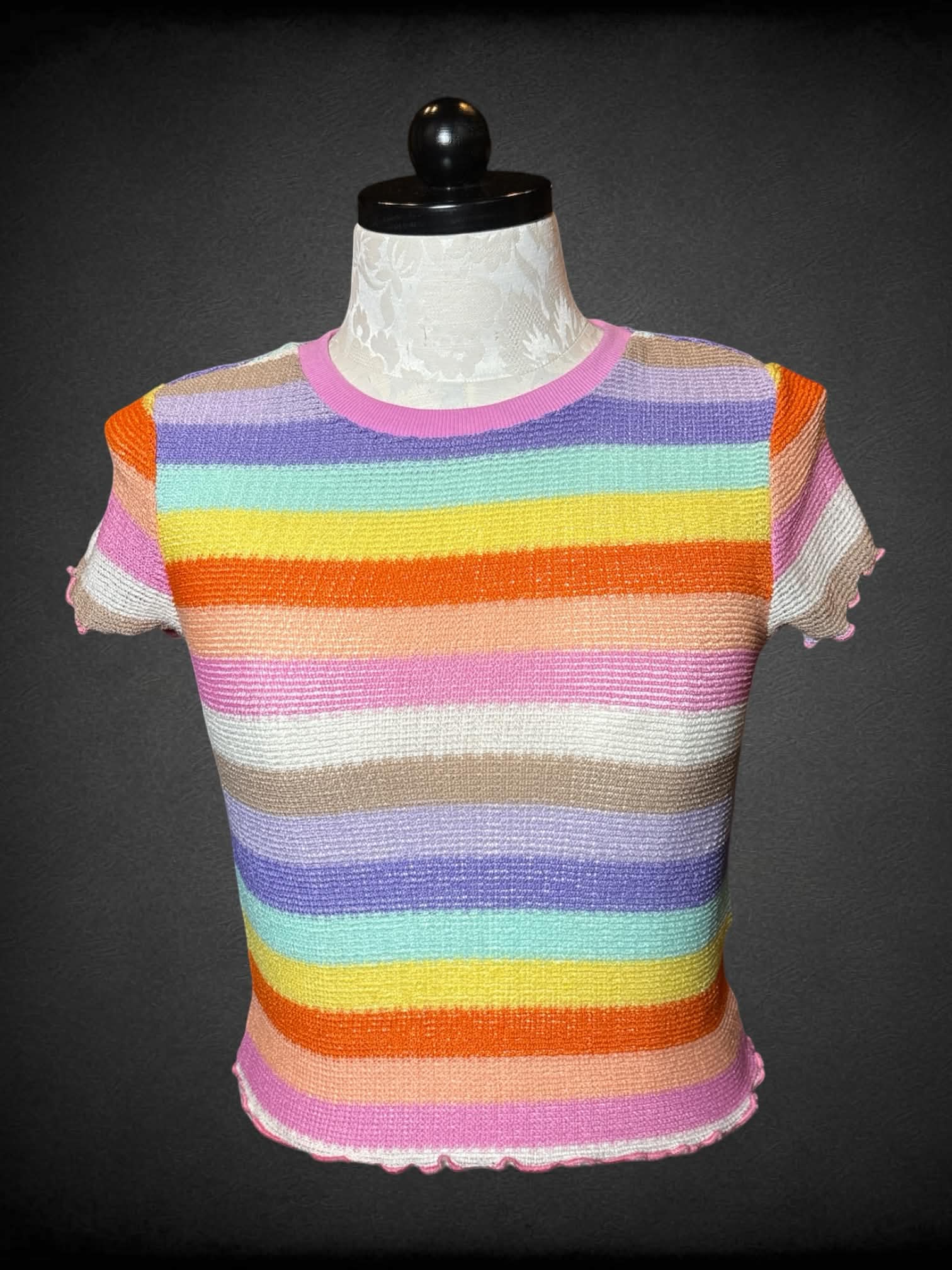 XL Almost Famous pastel rainbow striped baby tee with ruffle hem