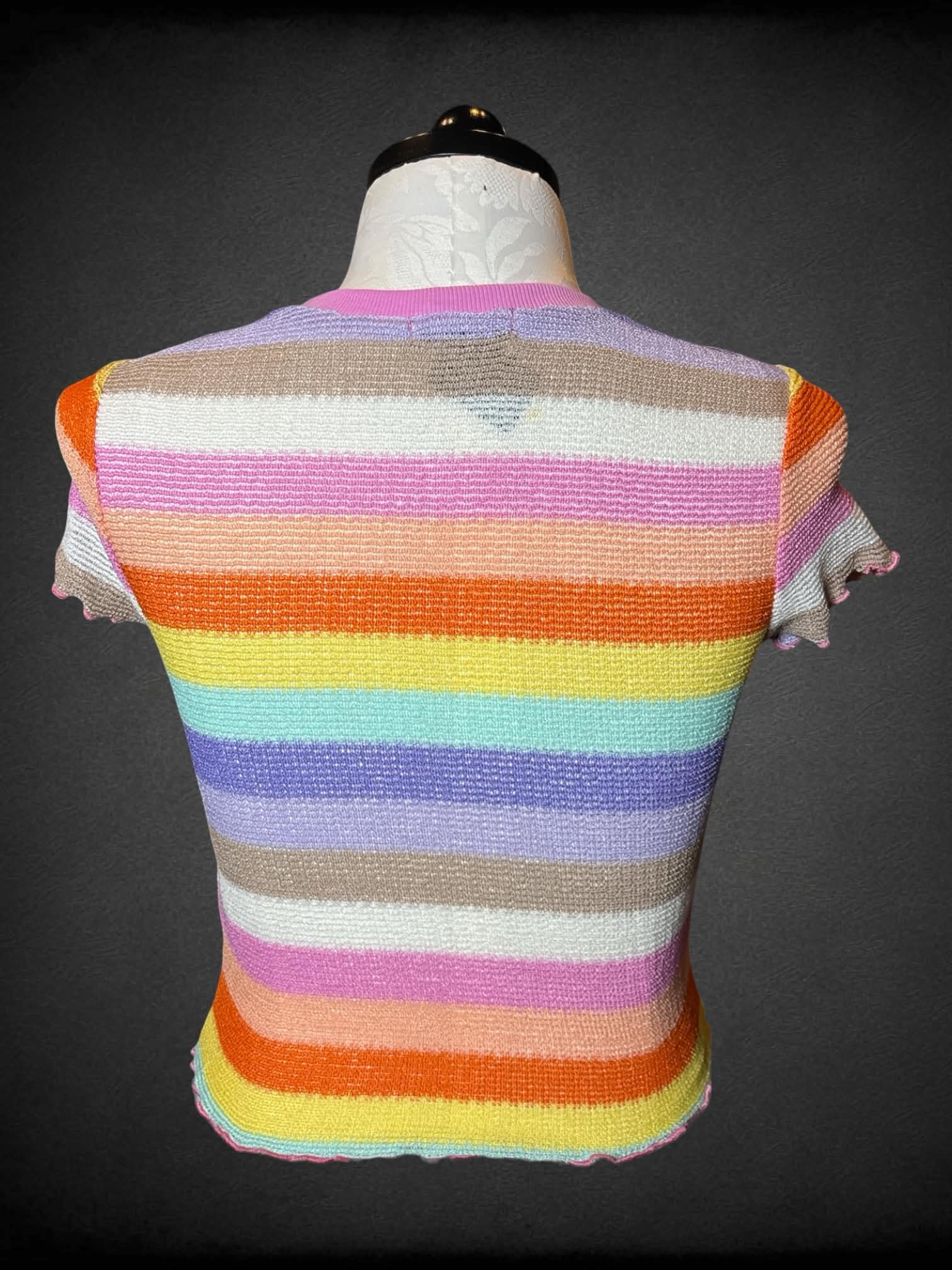 XL Almost Famous pastel rainbow striped baby tee with ruffle hem