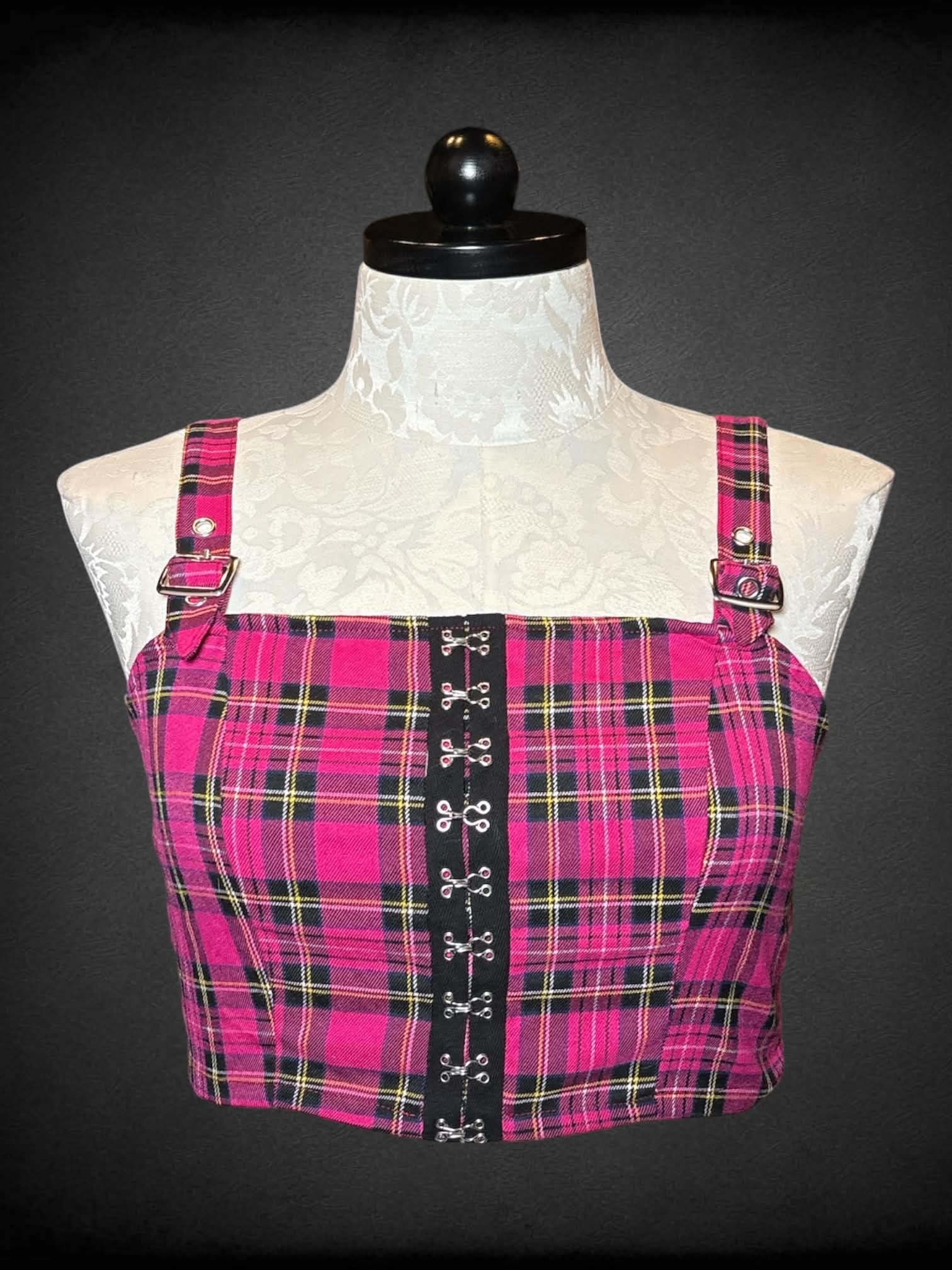 1X Social Collision pink plaid crop top with adjustable belt straps, and clasps on front