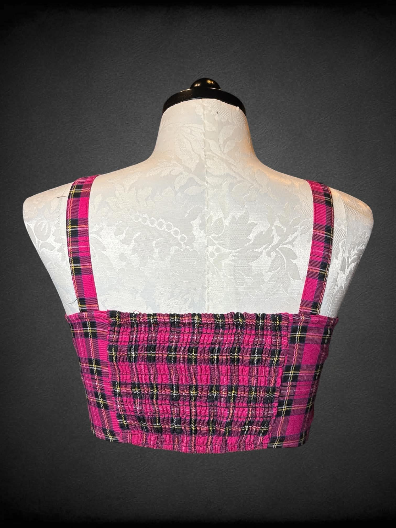 1X Social Collision pink plaid crop top with adjustable belt straps, and clasps on front