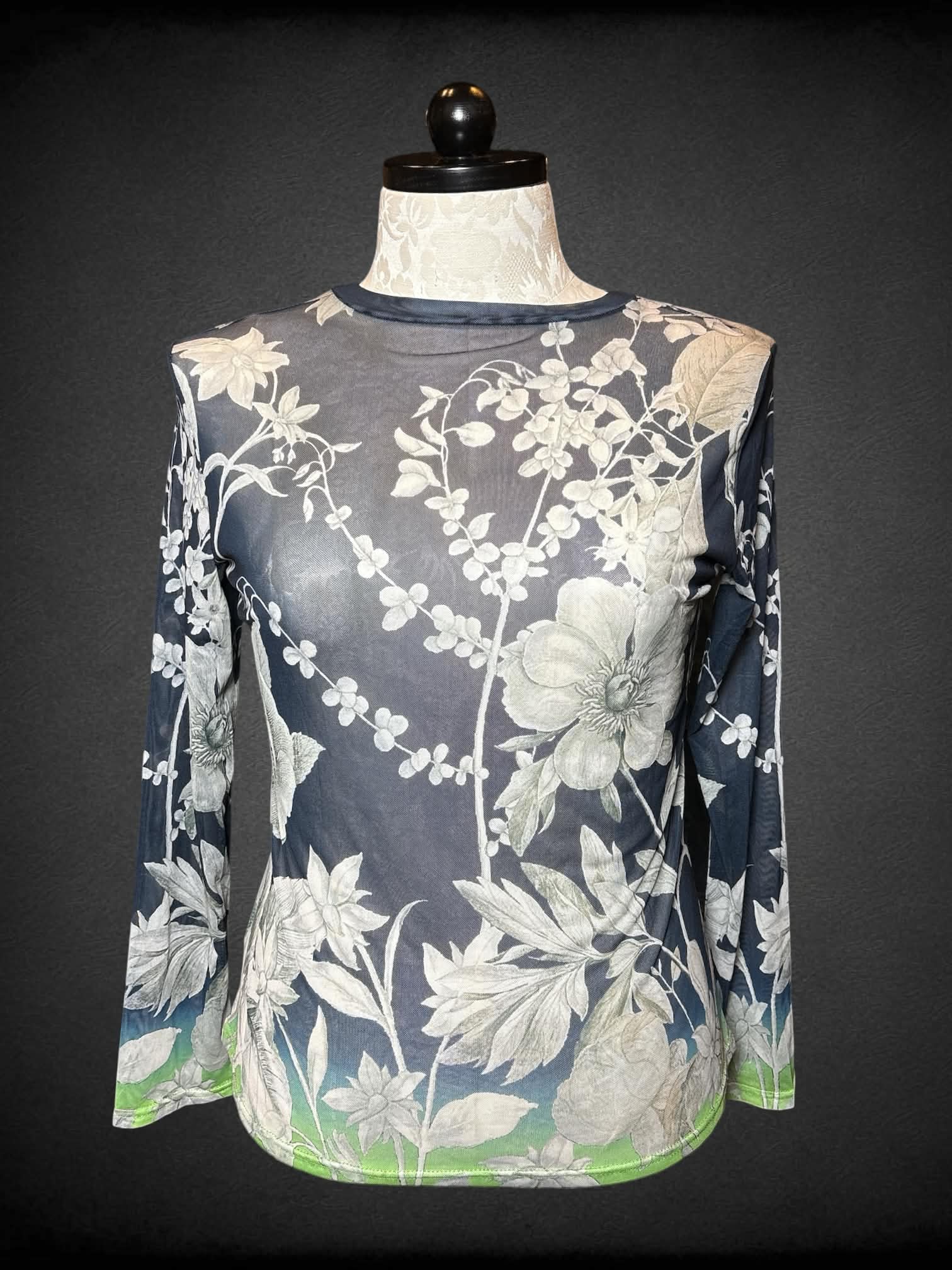1X navy sheer long-sleeve mesh top with floral pattern