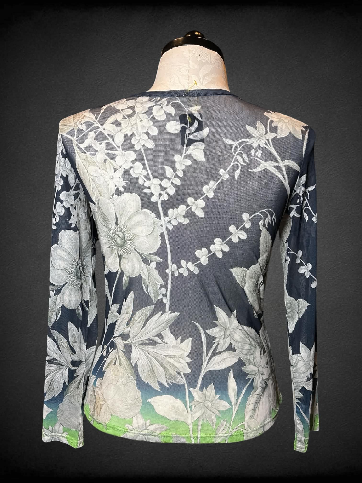 1X navy sheer long-sleeve mesh top with floral pattern