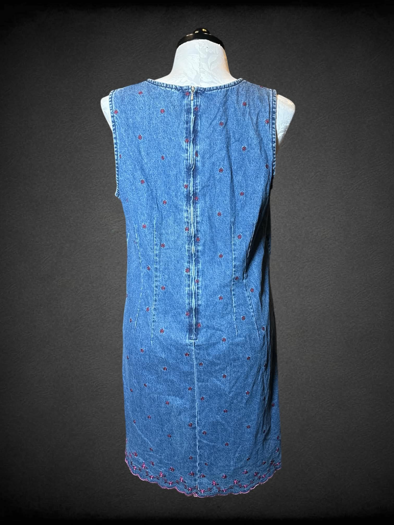 1X Eric Charles vintage denim dress with red embroidered flower pattern, and zipper on back