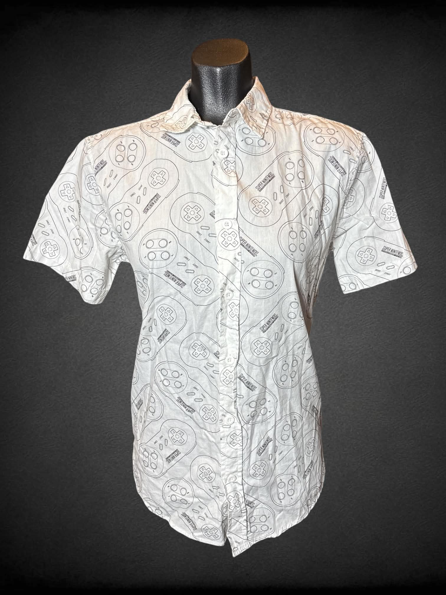 S Super Nintendo white button-up shirt with “Super Nintendo” game console pattern