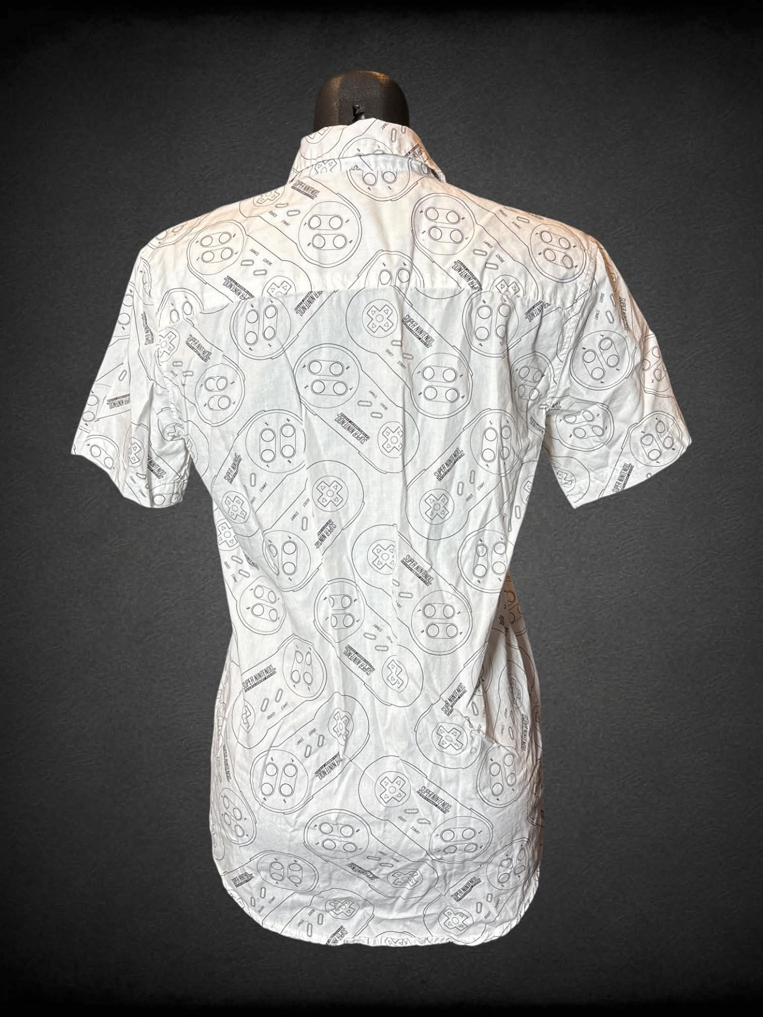 S Super Nintendo white button-up shirt with “Super Nintendo” game console pattern