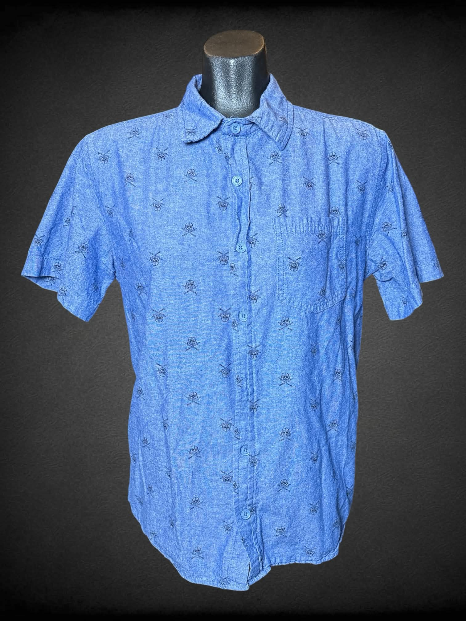 M Star Wars blue button-up shirt with “Darth Vader” skull and crossbones pattern with pocket on front