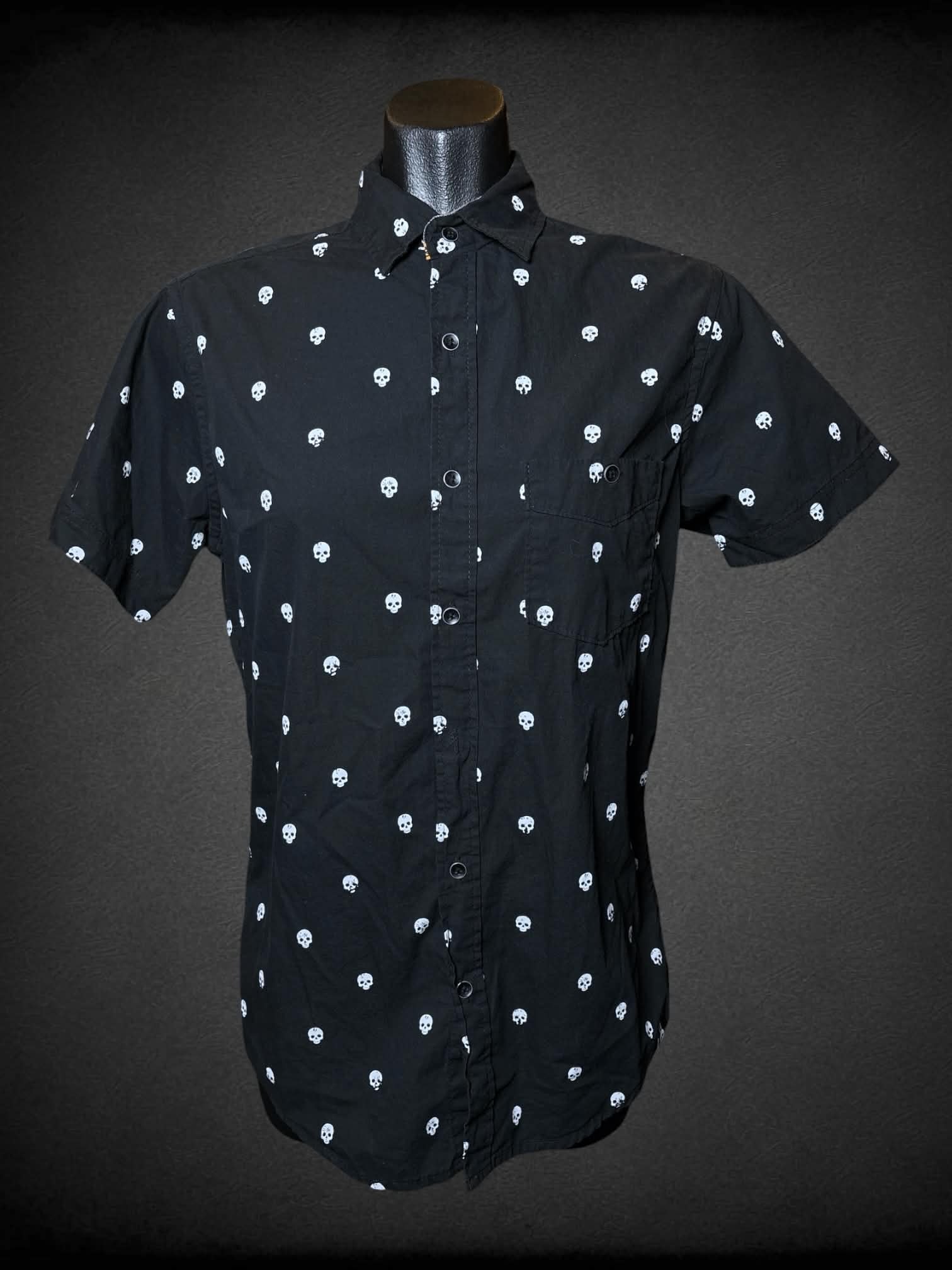 M Free Planet black button-up shirt with skull pattern and pocket on front