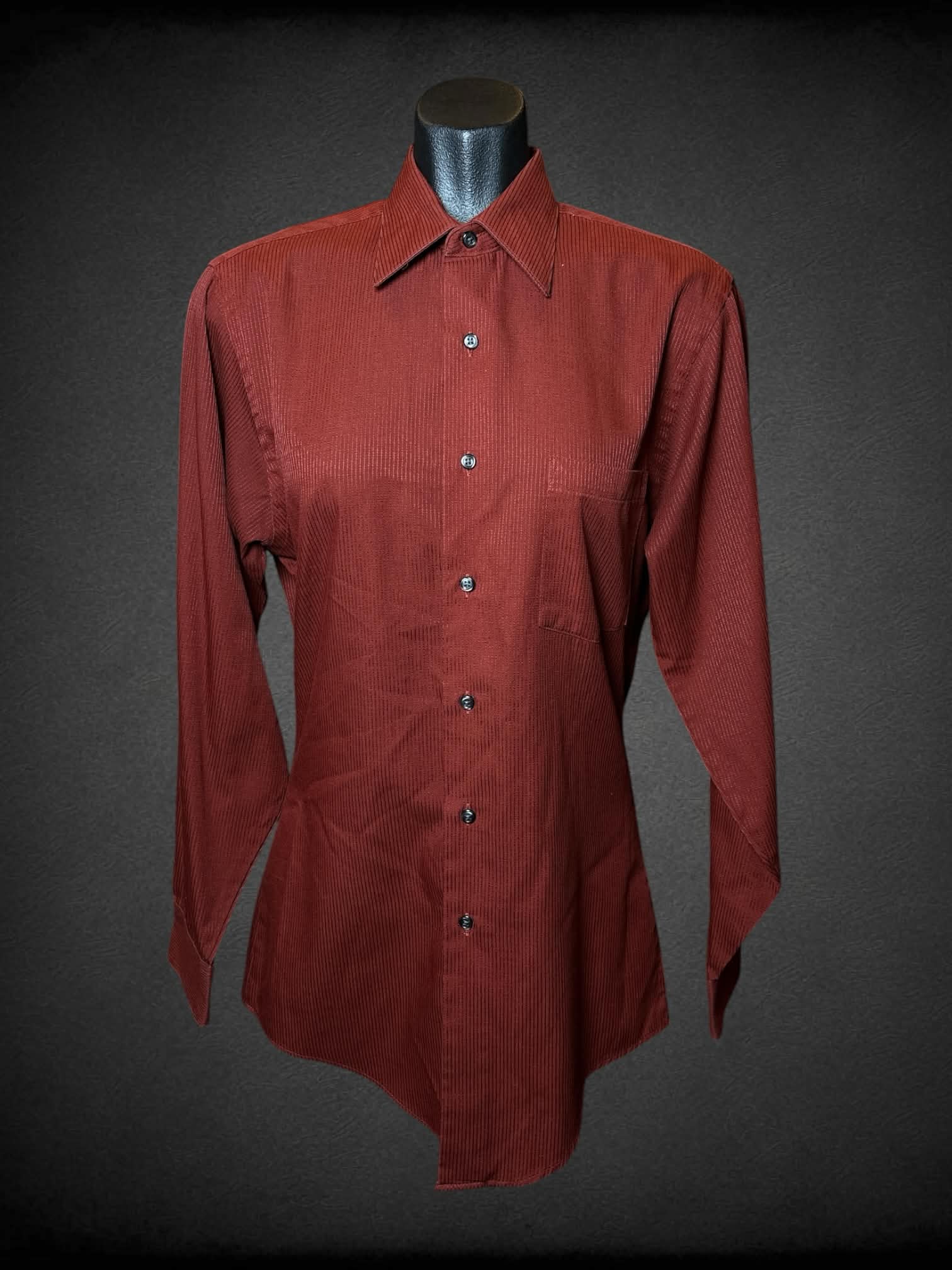 M Van Heusen vintage burnt orange button-up shirt with striped pattern, and pocket on front