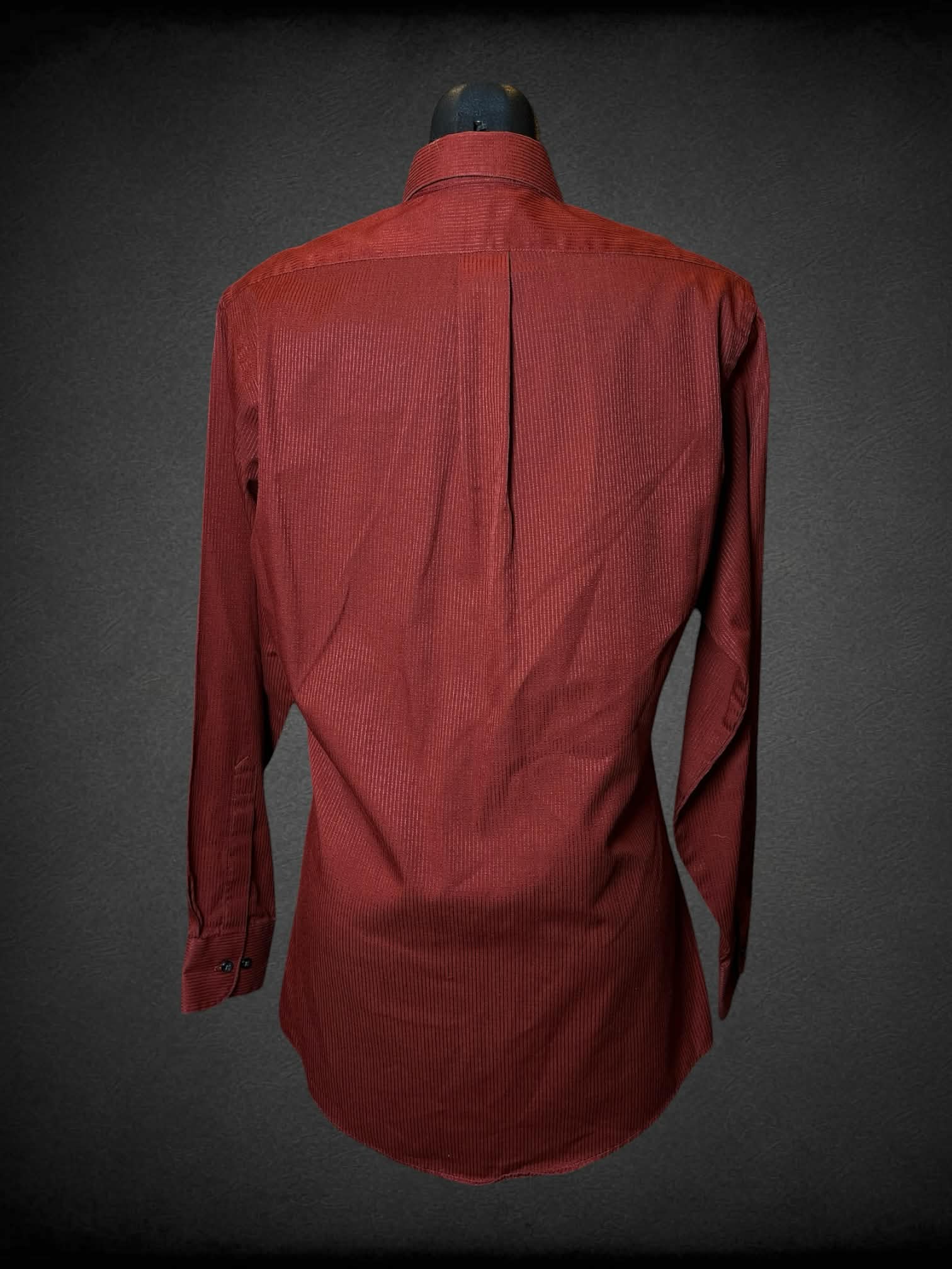 M Van Heusen vintage burnt orange button-up shirt with striped pattern, and pocket on front
