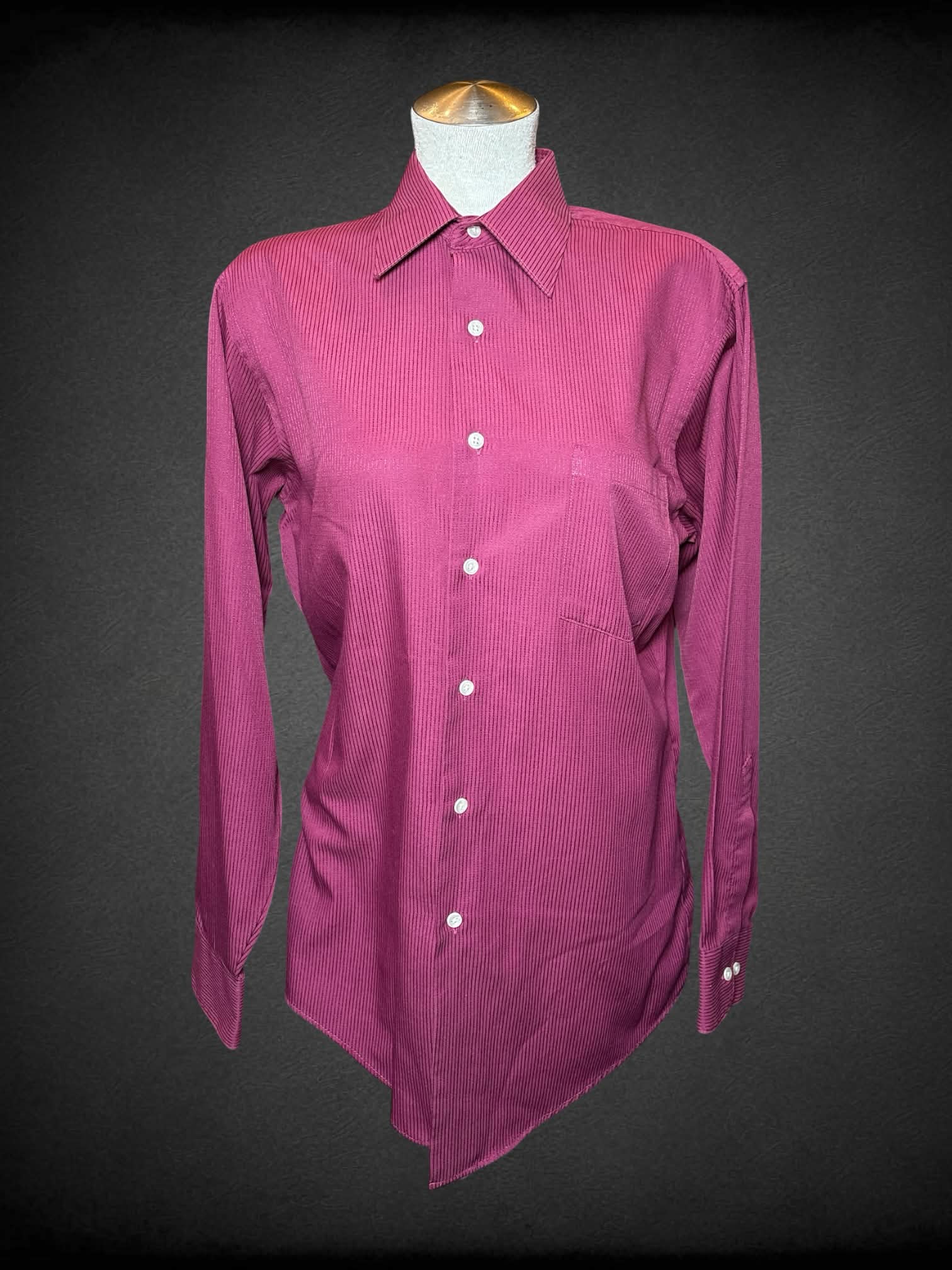 L Van Heusen vintage maroon button-up shirt with striped pattern, and pocket on front