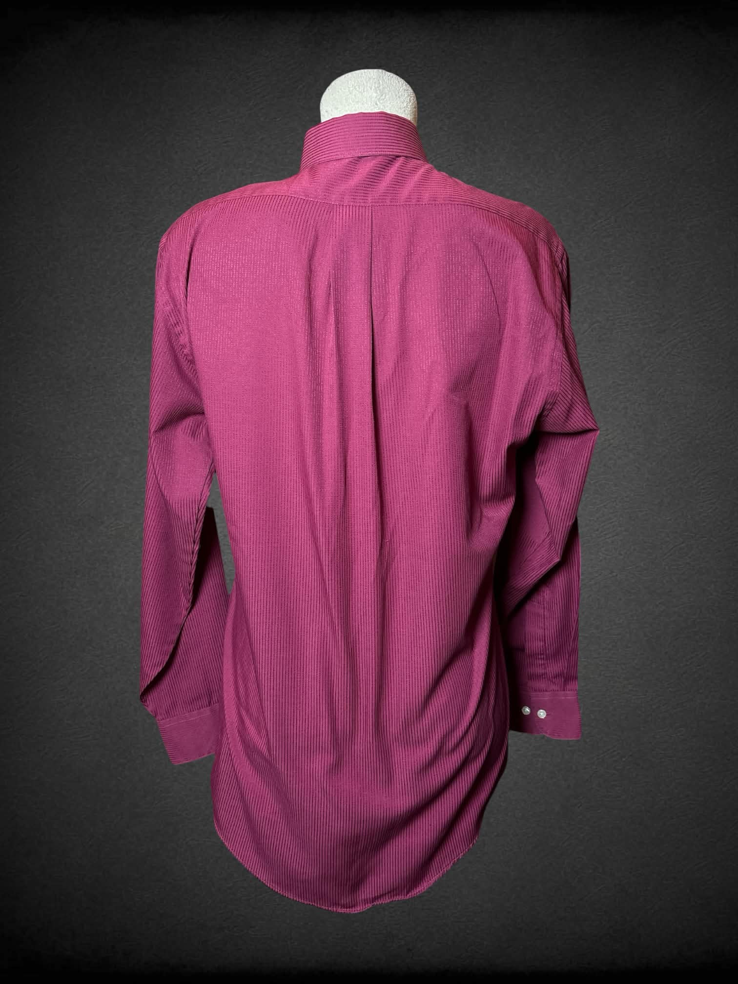 L Van Heusen vintage maroon button-up shirt with striped pattern, and pocket on front