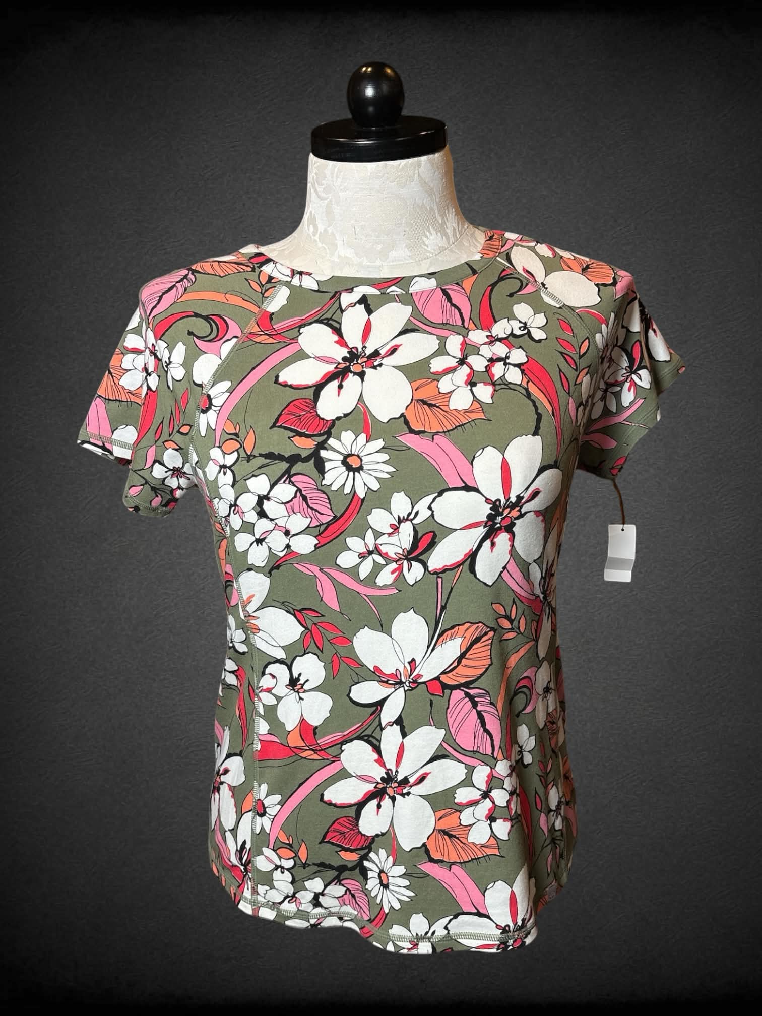 XL Talbots NWT soft olive green t shirt with white, pink & orange floral pattern
