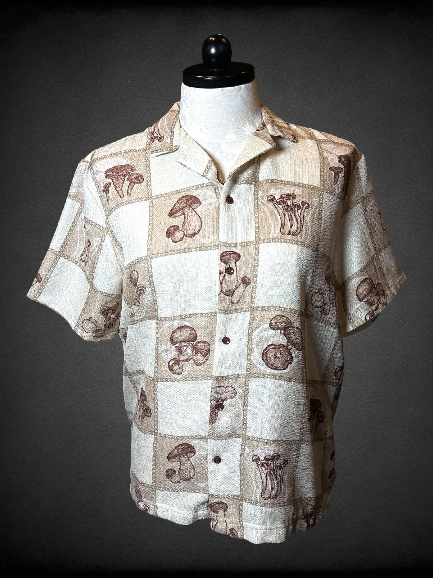 XL Malibu brown button-up shirt with mushroom checkerboard design