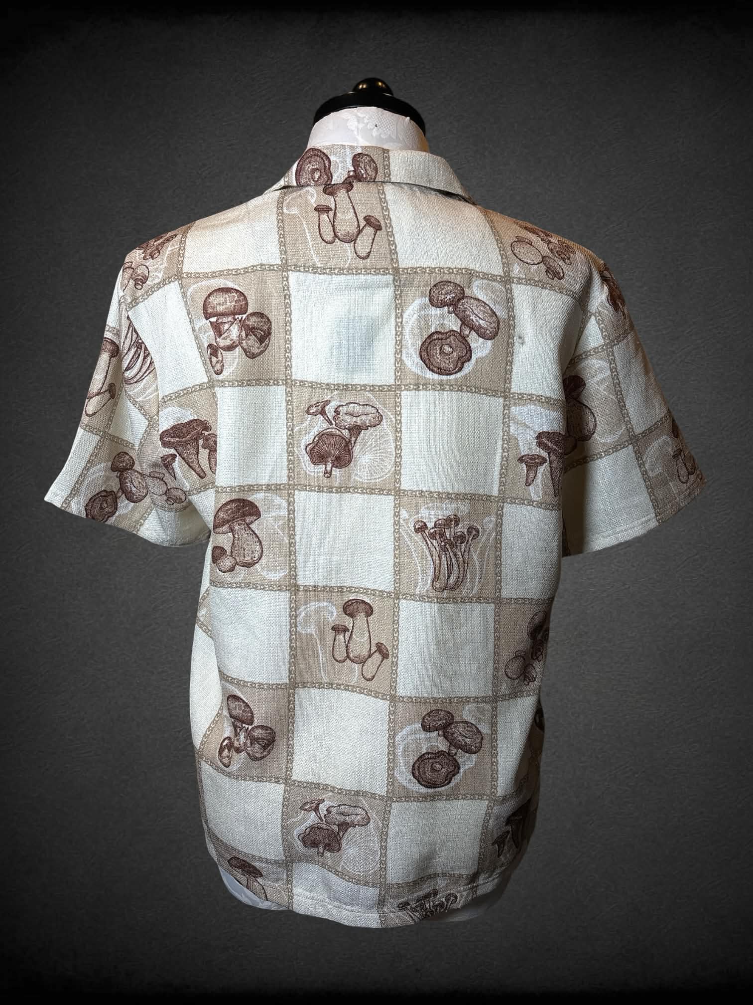 XL Malibu brown button-up shirt with mushroom checkerboard design