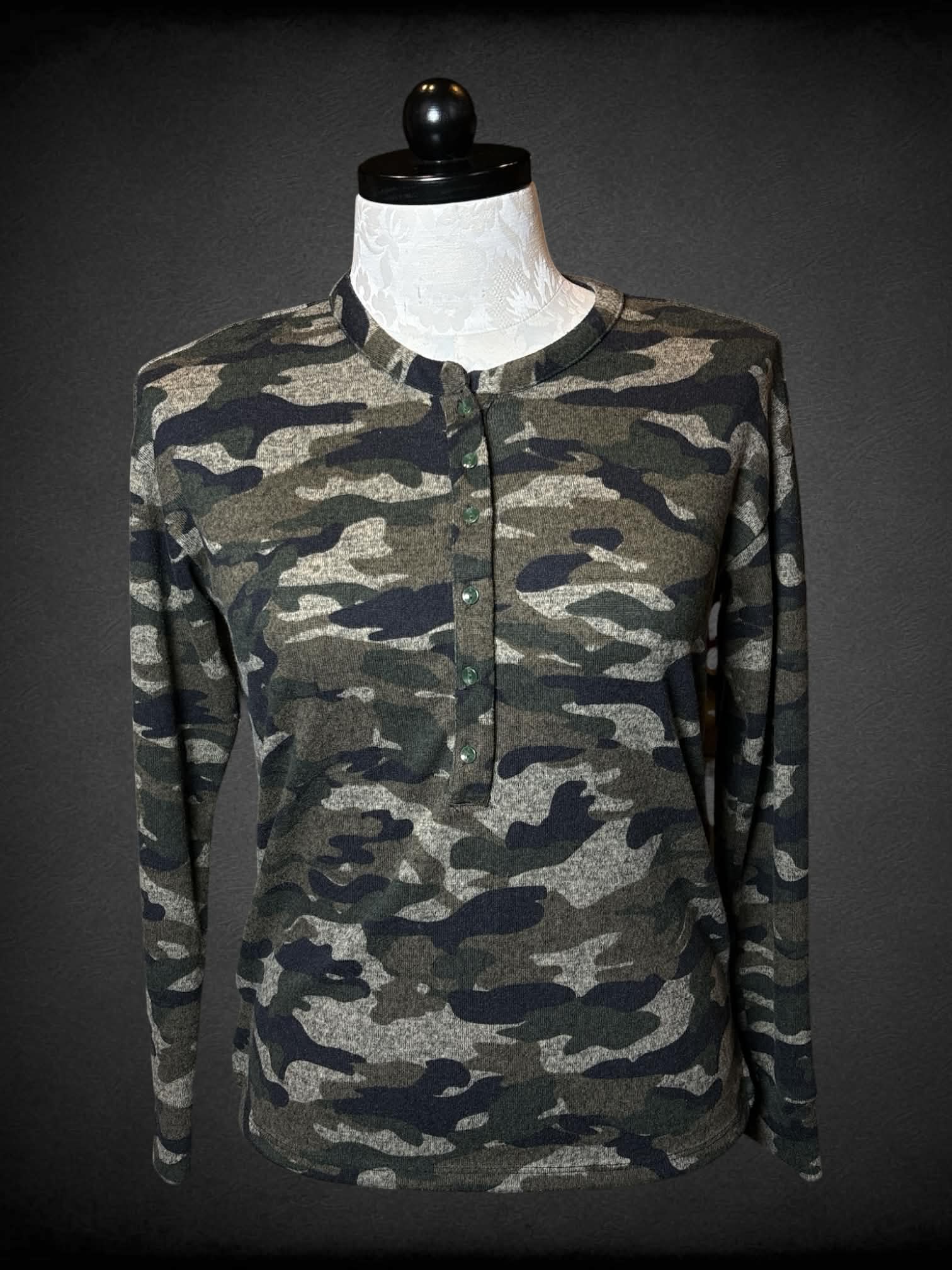 XL Beach Lunch Lounge Collection soft camo sweater with buttons on front
