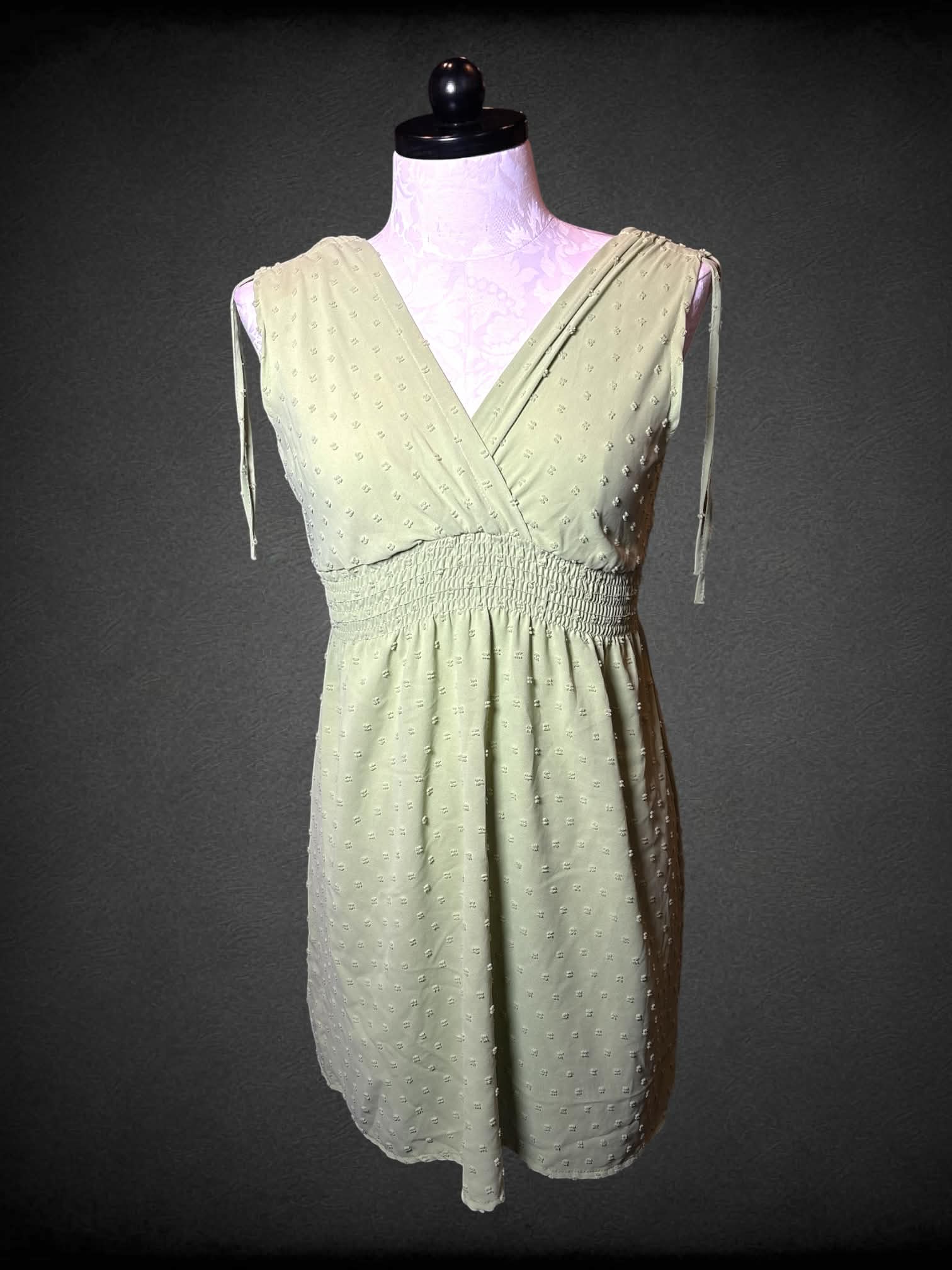 XL sage green dress with shirred waist, asymmetrical wrap top and spotted pattern