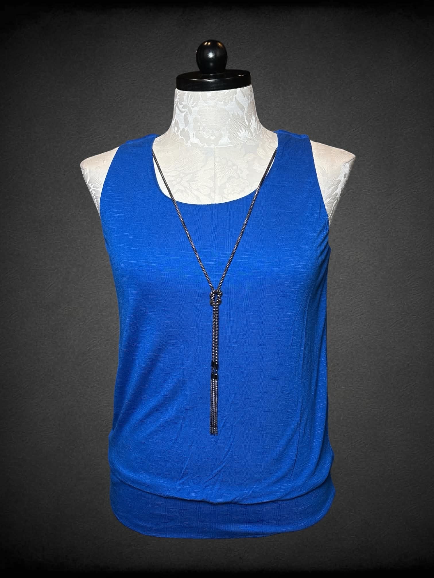 0X AB Studio blue tank top with detachable silver chain on front