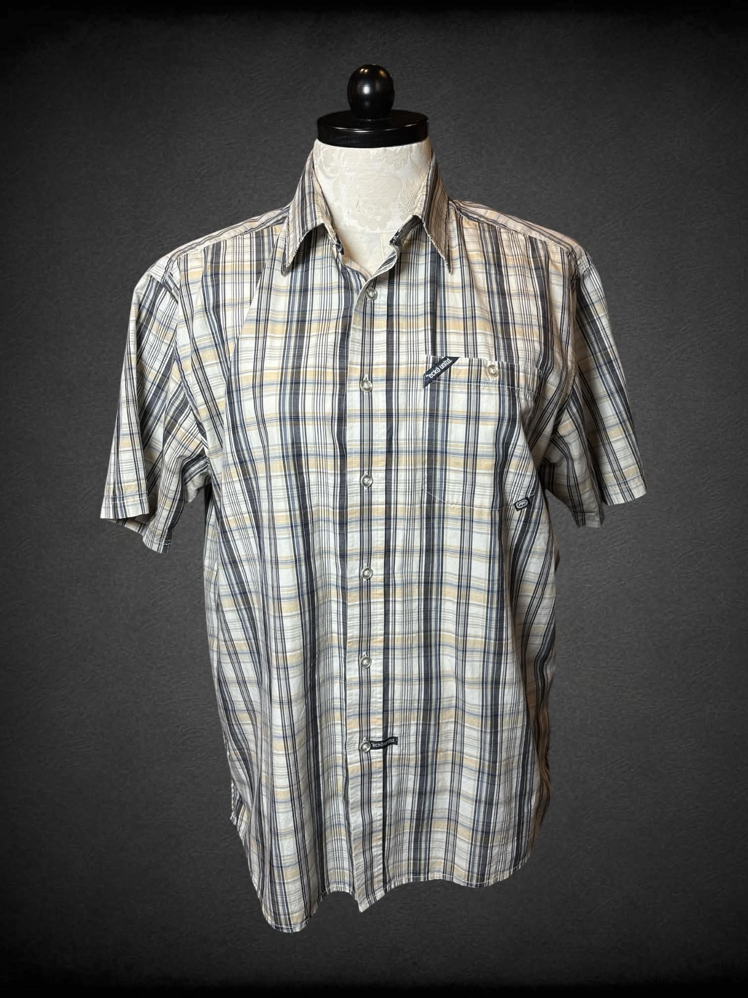 0X Eckō Unlimited white button-up shirt with grey & yellow plaid design and pocket on front