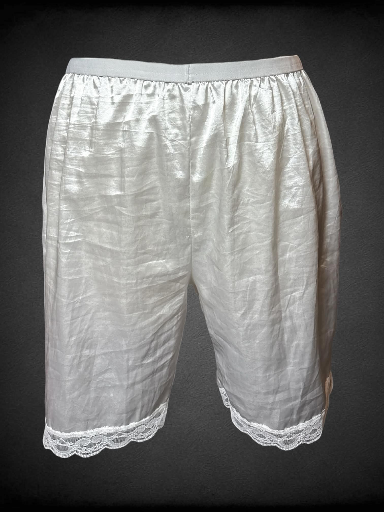 1X Sheer white slip shorts with lace trim