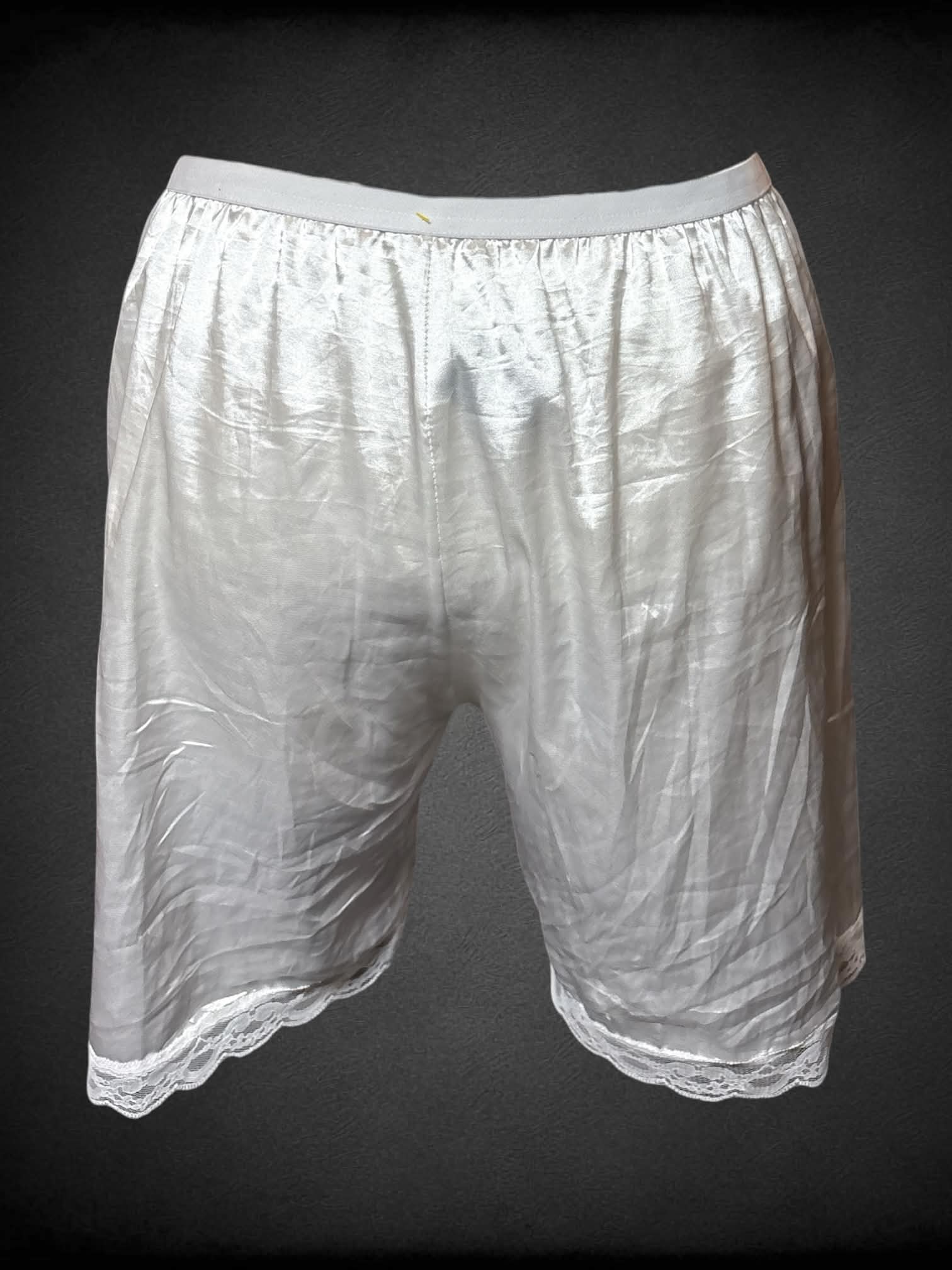 1X Sheer white slip shorts with lace trim