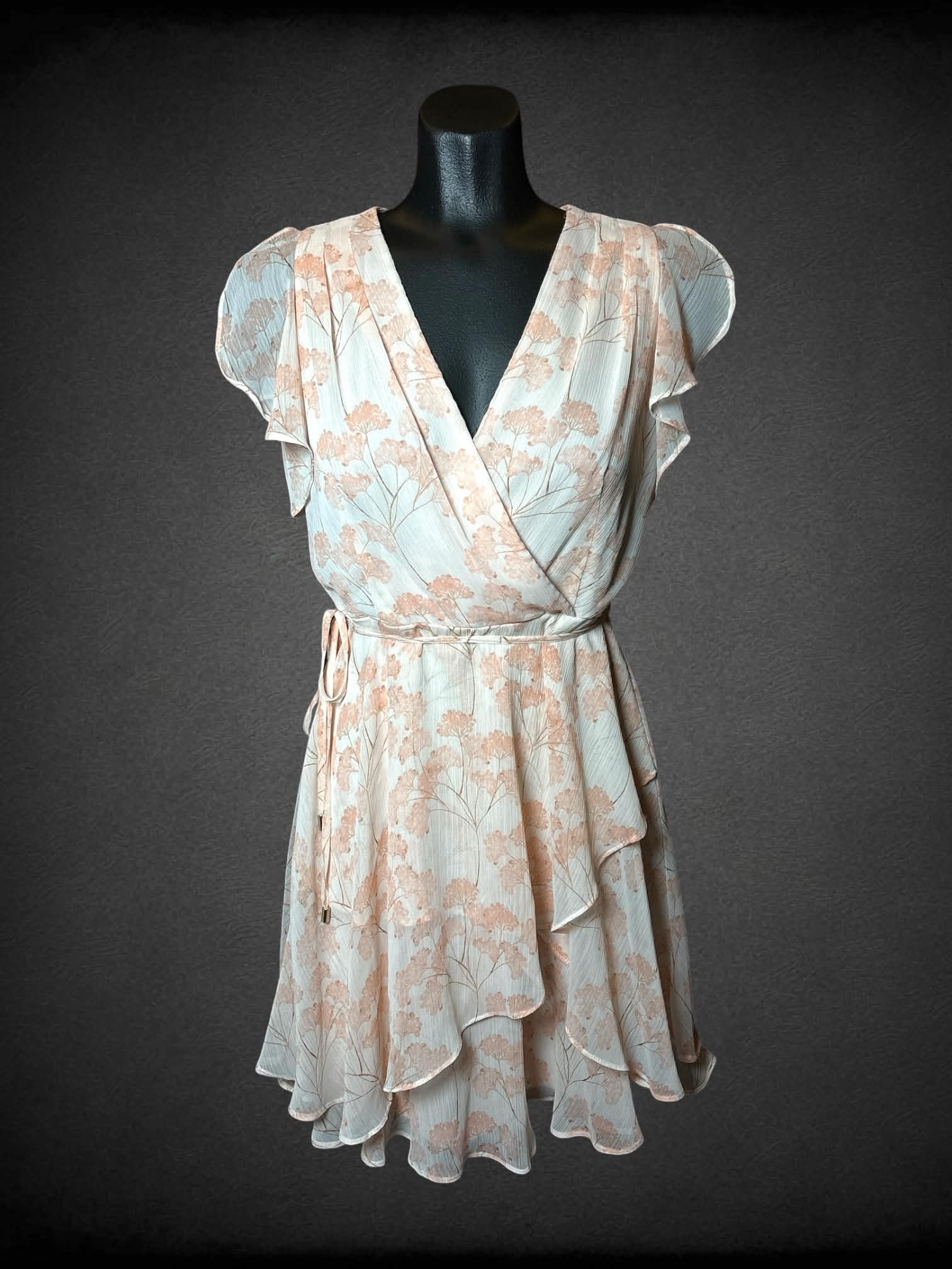 S Tommy Hilfiger NWT pink flowy dress with asymmetrical ruffle hem, zipper on back, and tie on waist
