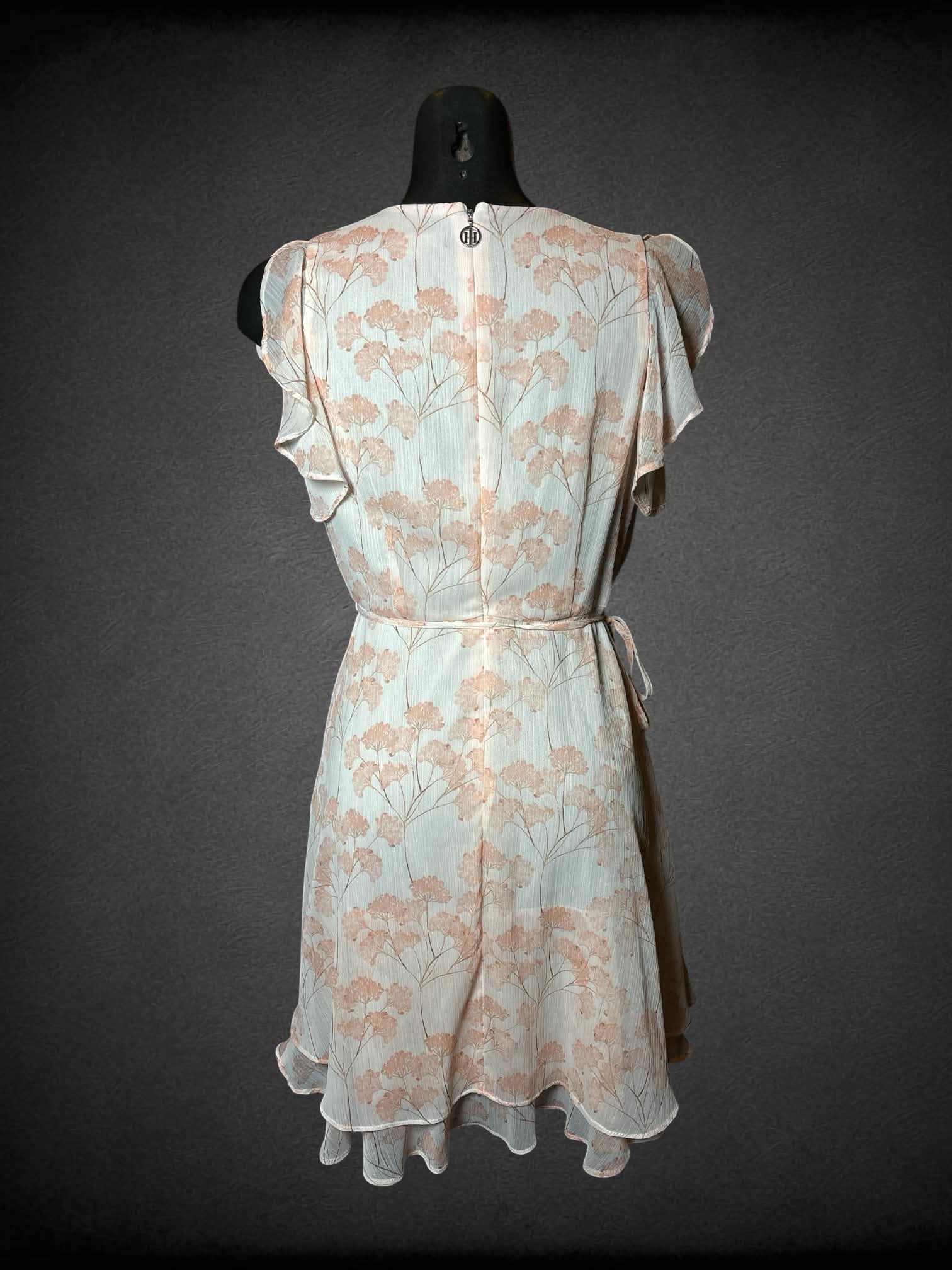 S Tommy Hilfiger NWT pink flowy dress with asymmetrical ruffle hem, zipper on back, and tie on waist
