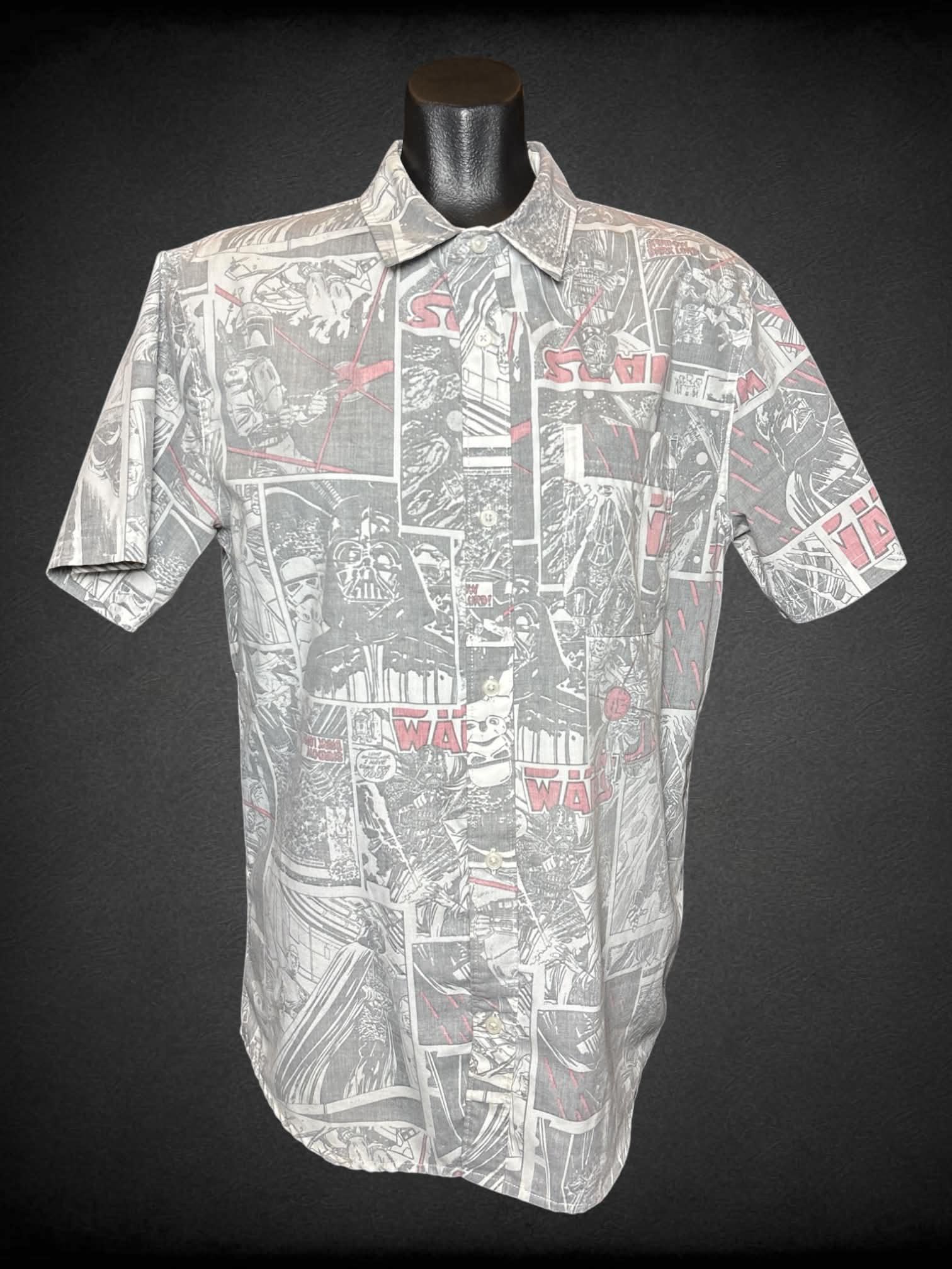 M Star Wars button-up shirt with faded “Star Wars” comic book pattern