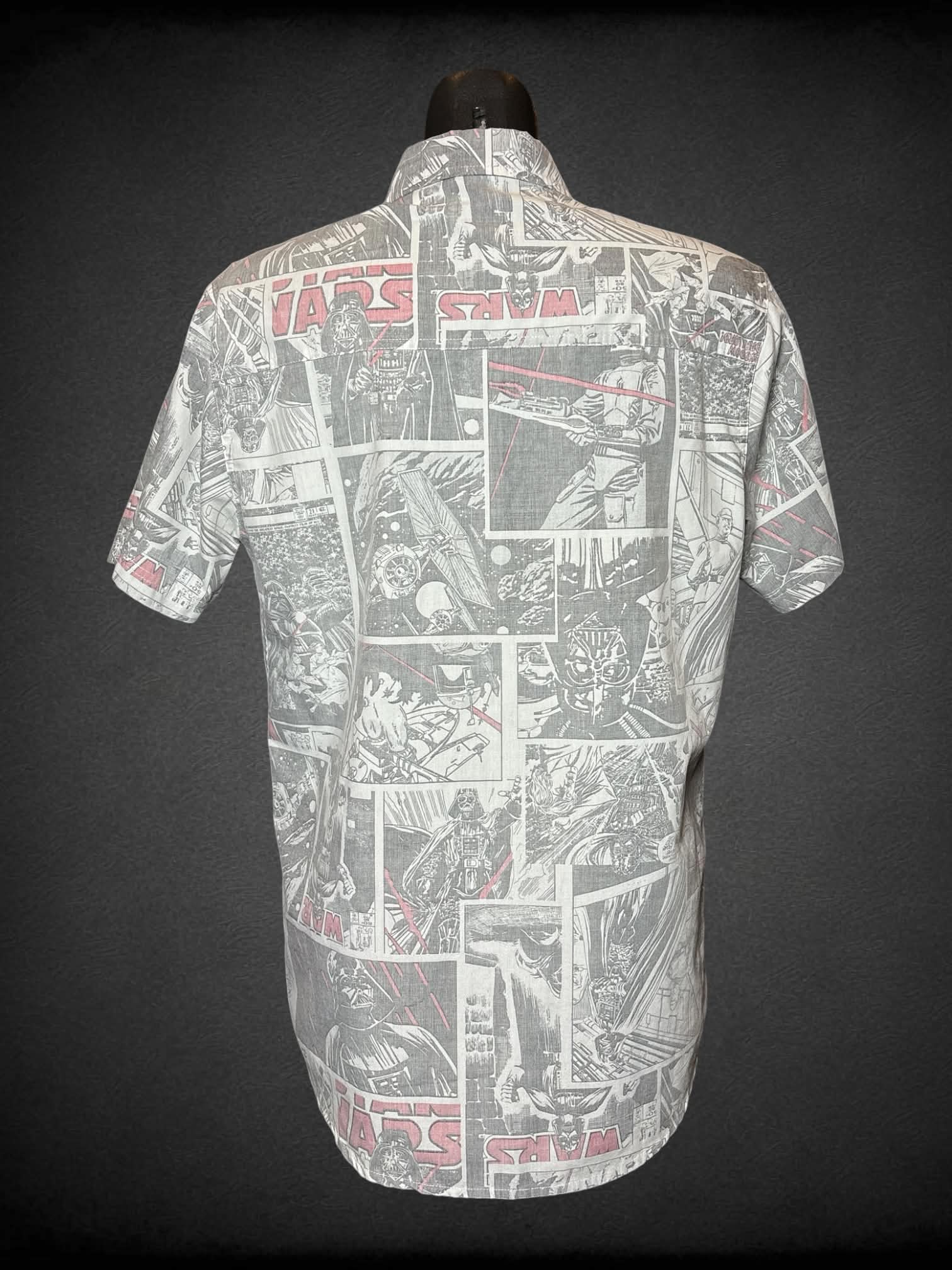 M Star Wars button-up shirt with faded “Star Wars” comic book pattern