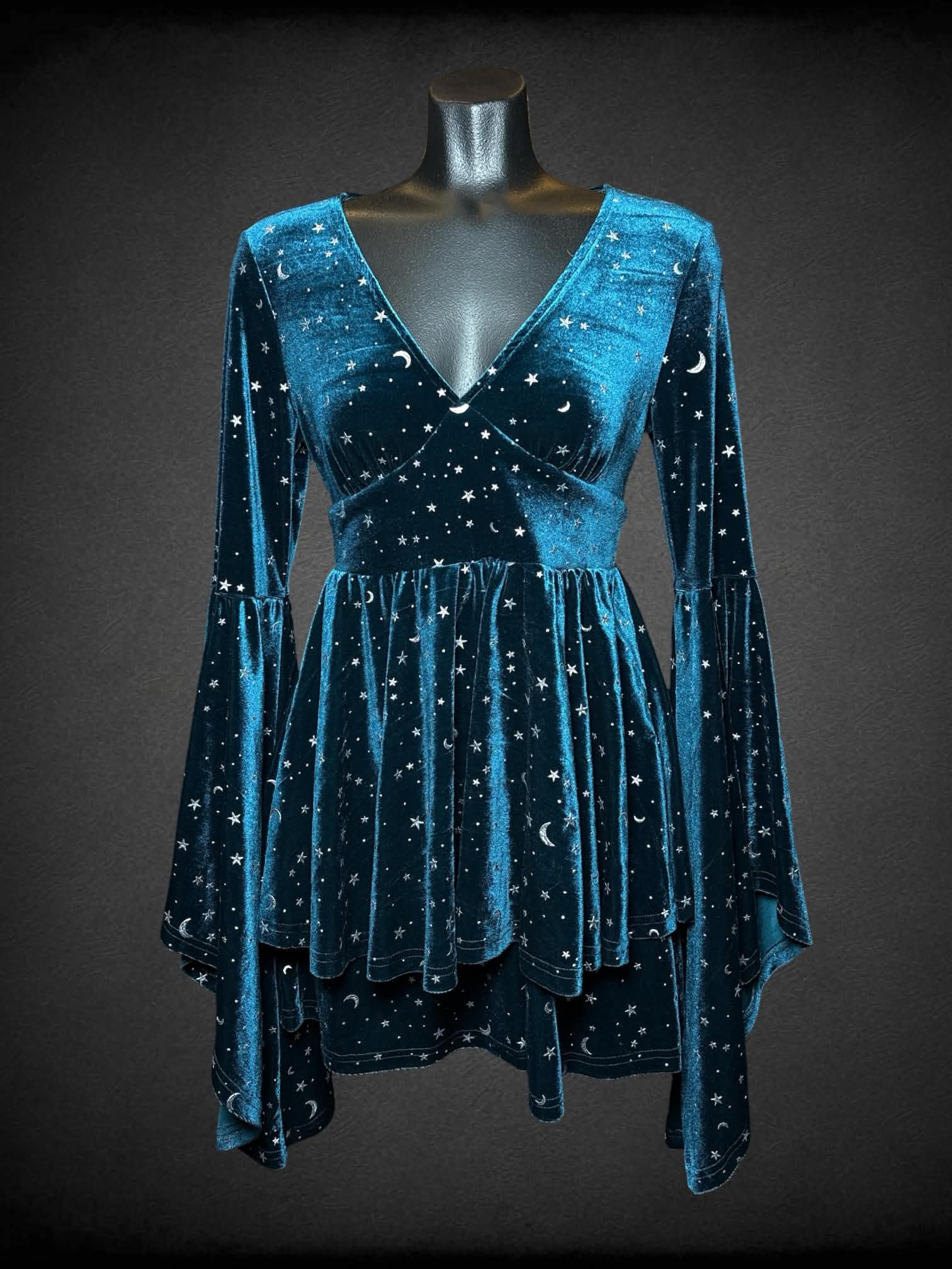 M deep teal “velvet-like” dress with moon & stars pattern, bell sleeves and zipper on back