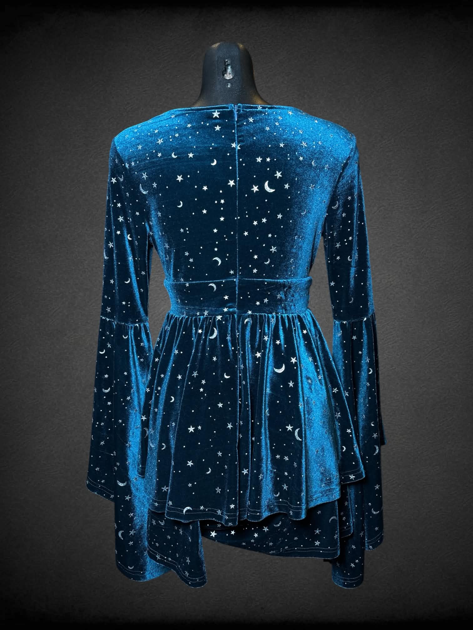 M deep teal “velvet-like” dress with moon & stars pattern, bell sleeves and zipper on back