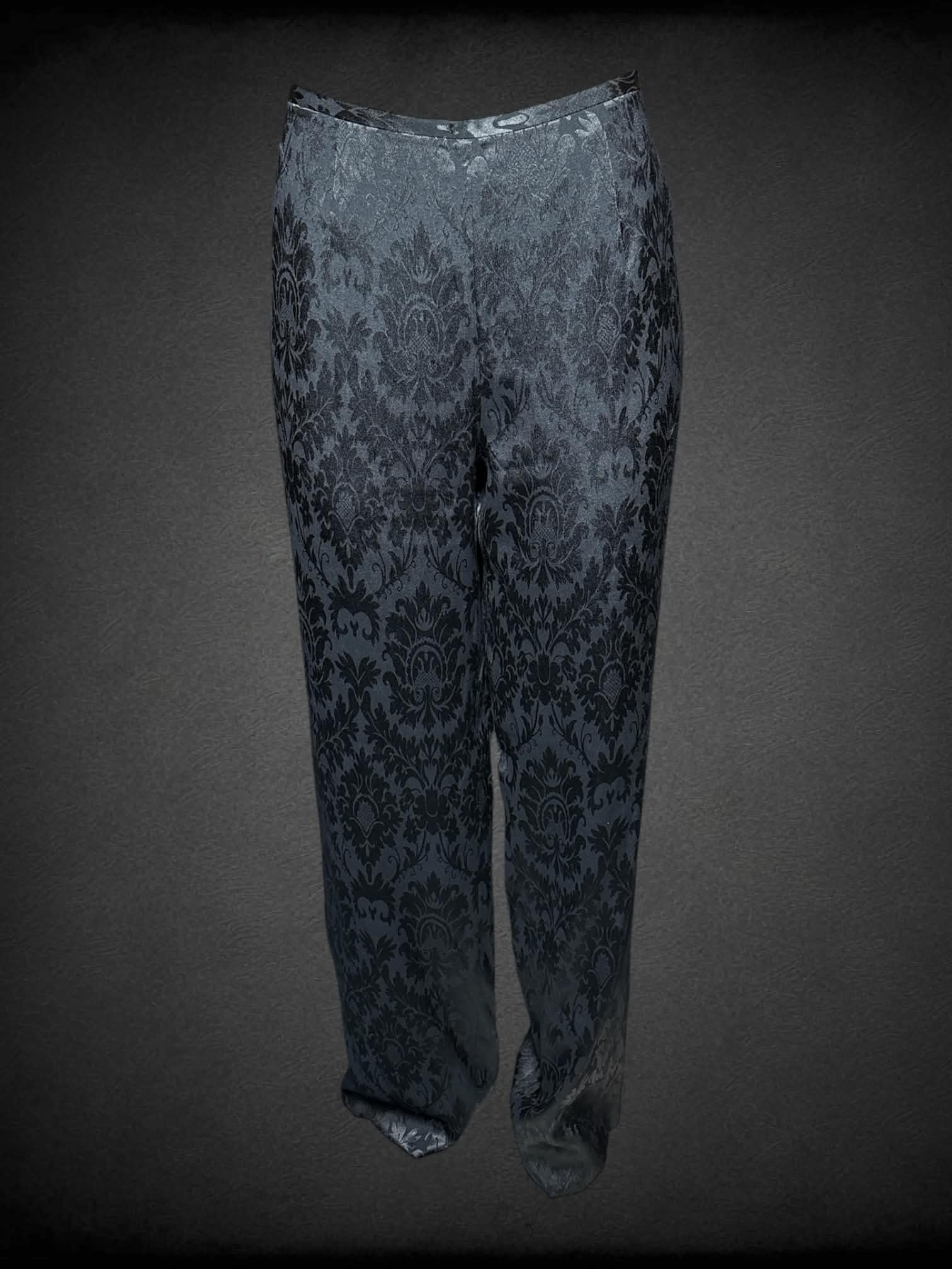 L Sandra King vintage black pants with damask ornamental pattern, and zipper on side
