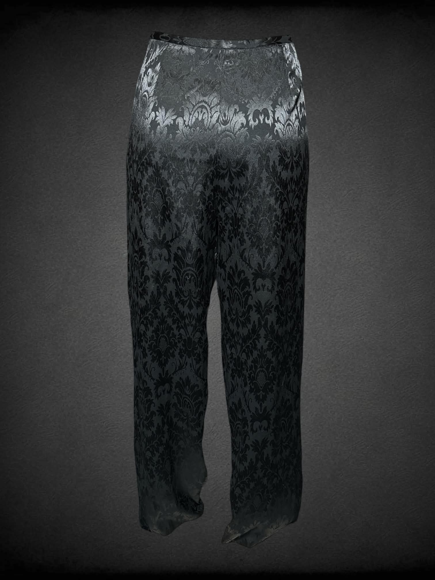 L Sandra King vintage black pants with damask ornamental pattern, and zipper on side