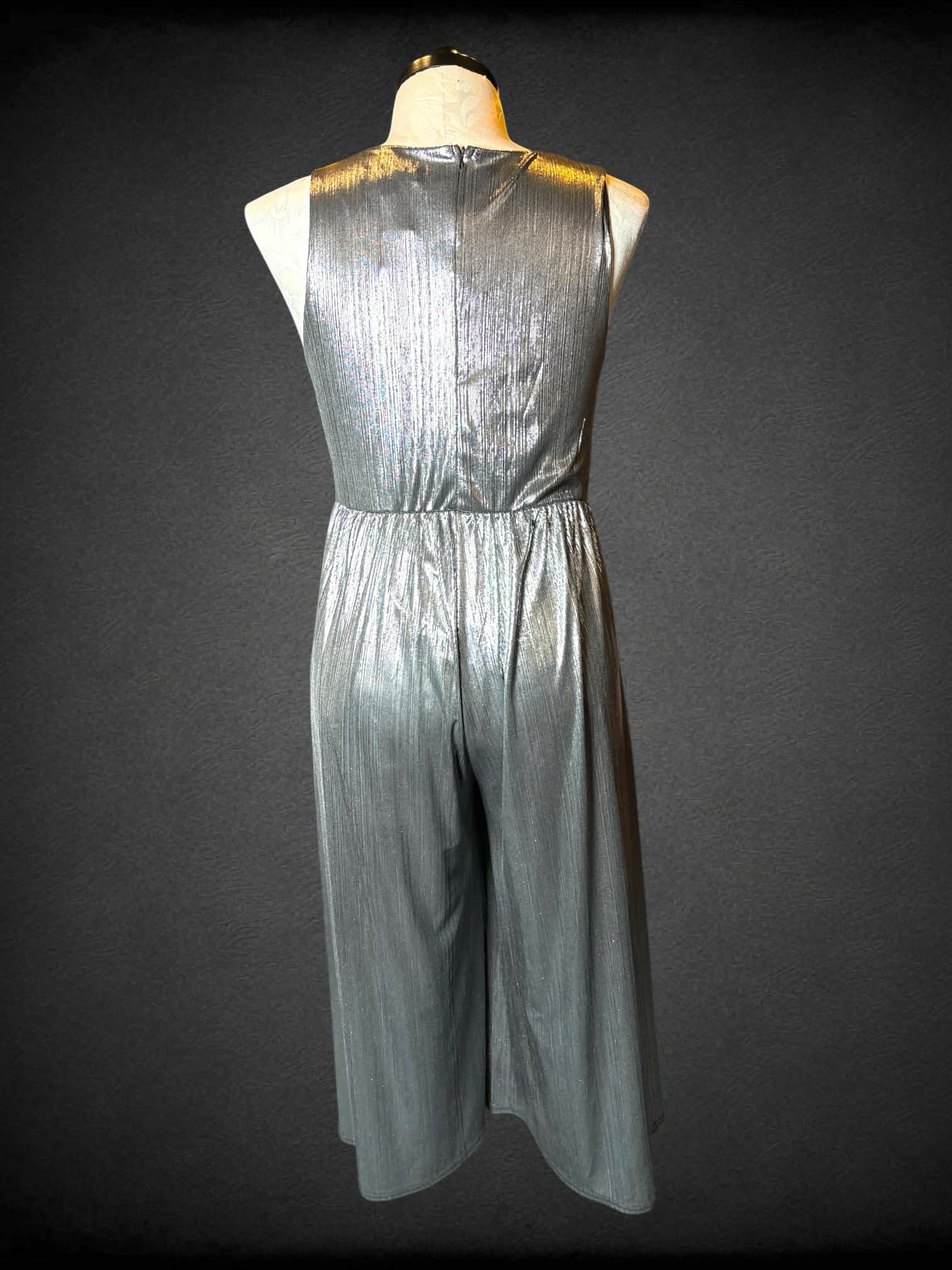 0X Francesca’s silver ribbed jumpsuit with zipper on back