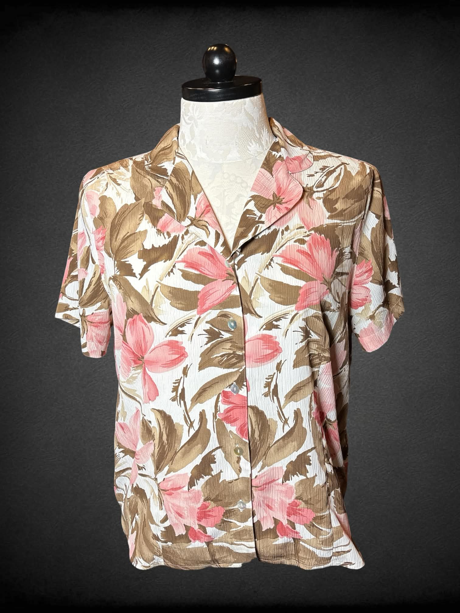 1X Alfred Dunner vintage white button-up shirt with brown and pink floral pattern
