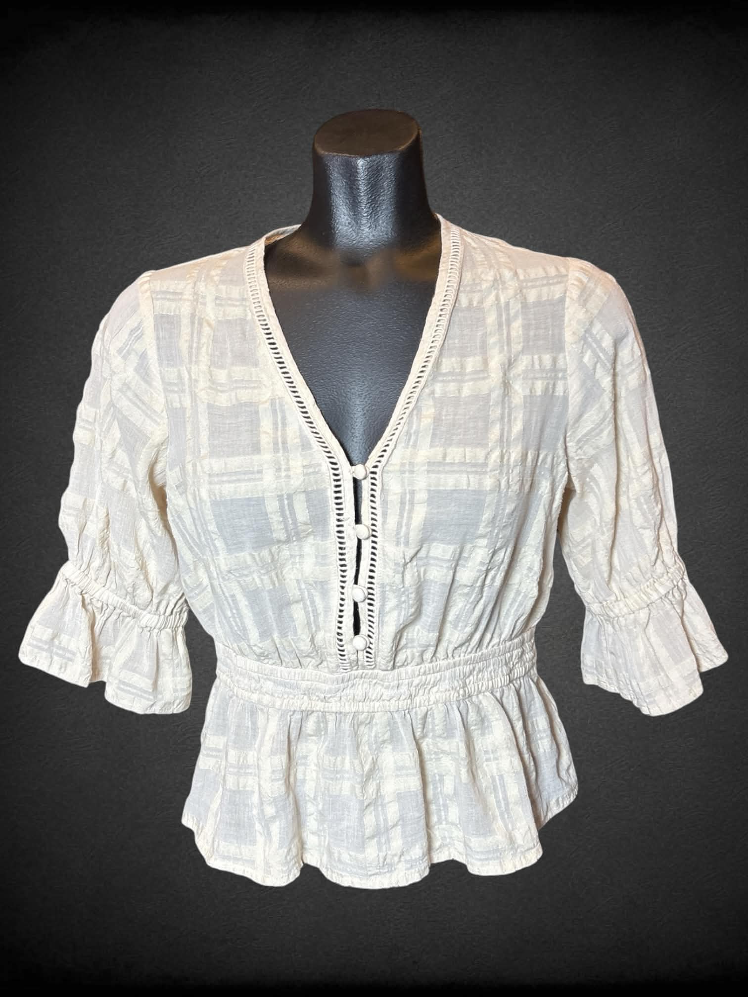 S Express off-white sheer blouse with buttons on front, and shirred waist