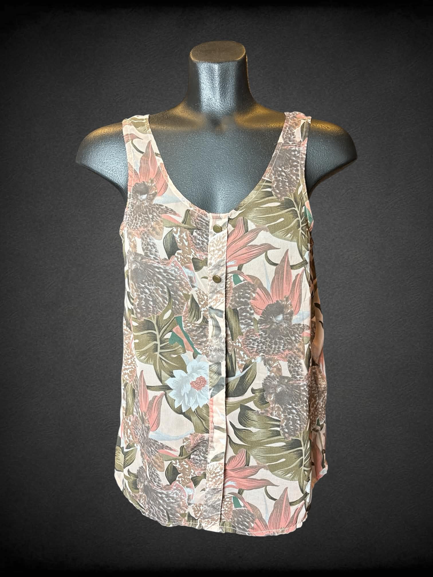S Vera Moda pink sheer blouse with floral pattern, and decorative buttons