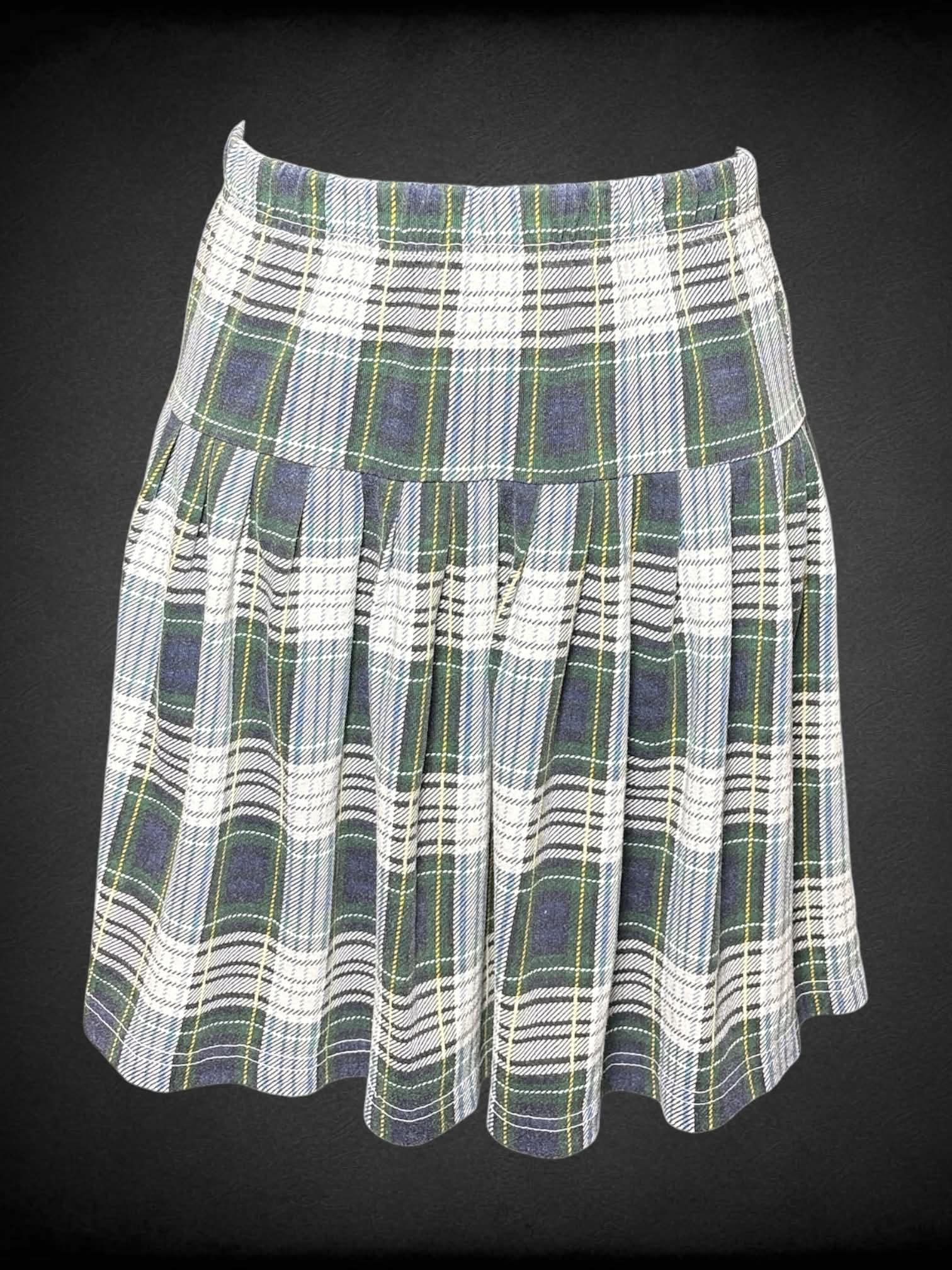 S Basic Editions white skirt with  green & blue plaid design, and stretch waist