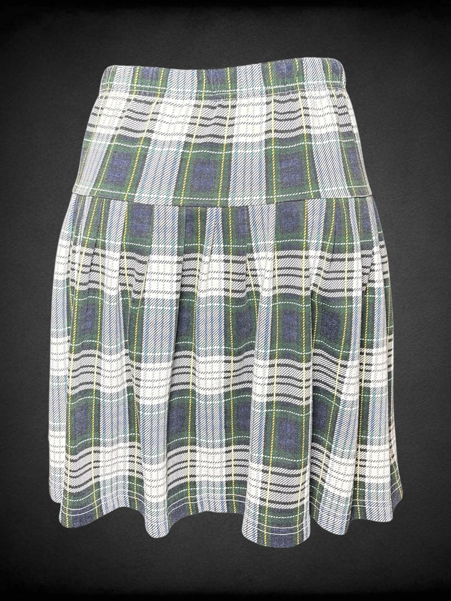 S Basic Editions white skirt with  green & blue plaid design, and stretch waist